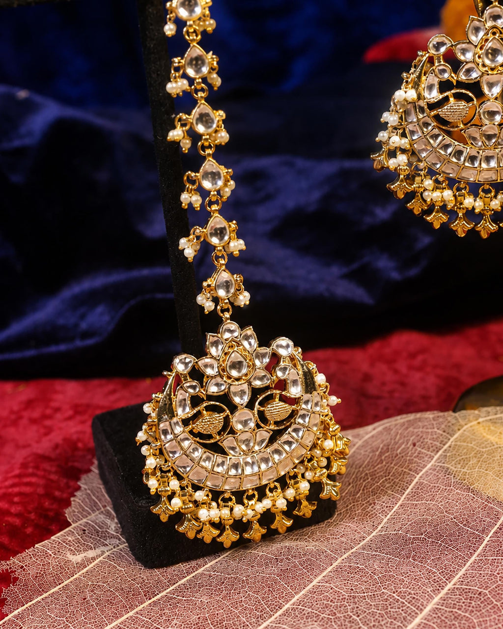 Kundan Chandbali Earrings and Maang Tikka Set, Pearl Accent Statement Jewelry