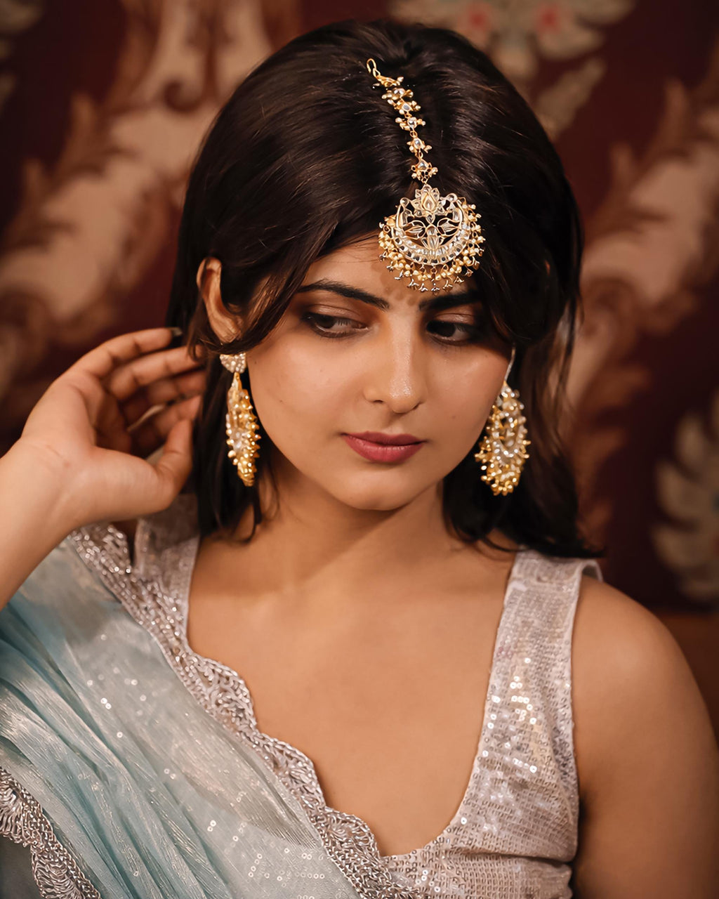 Kundan Chandbali Earrings and Maang Tikka Set, Pearl Accent Statement Jewelry