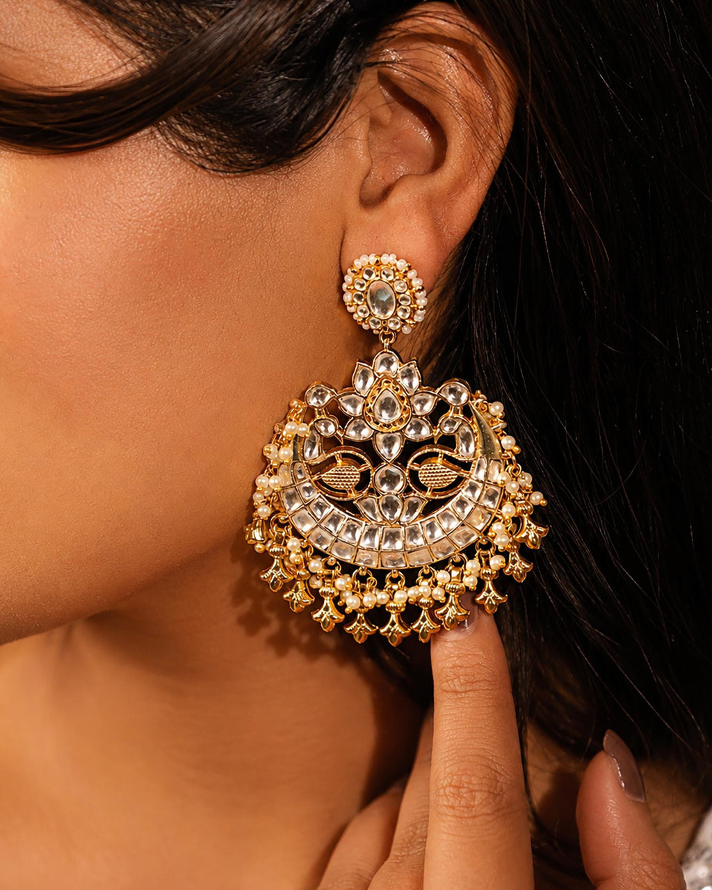 Kundan Chandbali Earrings and Maang Tikka Set, Pearl Accent Statement Jewelry