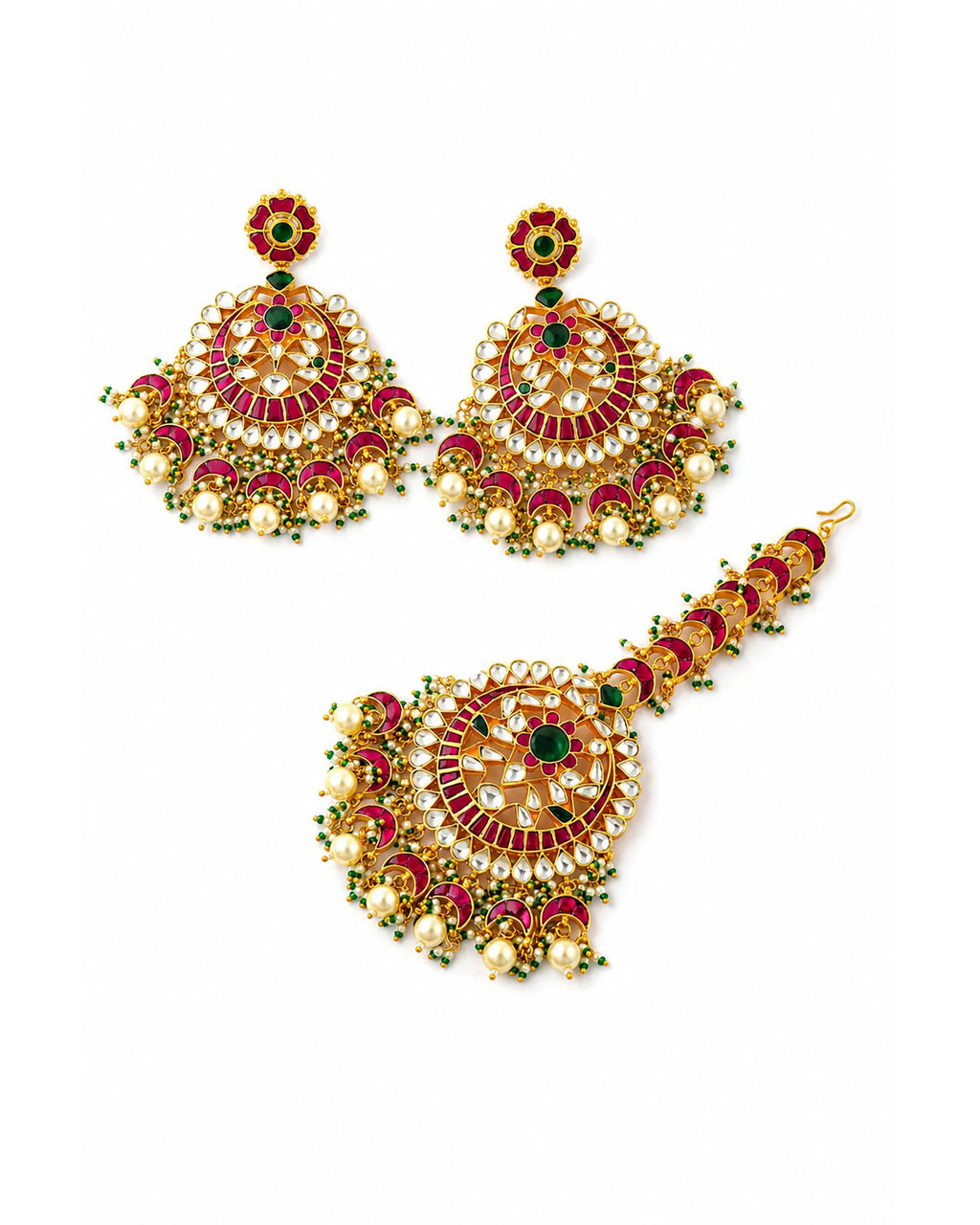 Kundan Earrings and Maang Tikka Set, Traditional Indian Bridal Jewelry