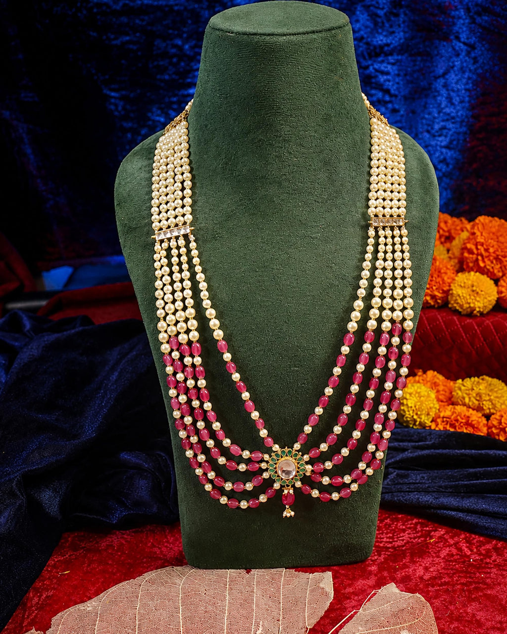 Multi-Layered Rani Haar Necklace, Kundan Pearl Bridal Jewelry, Ruby Ethnic Statement