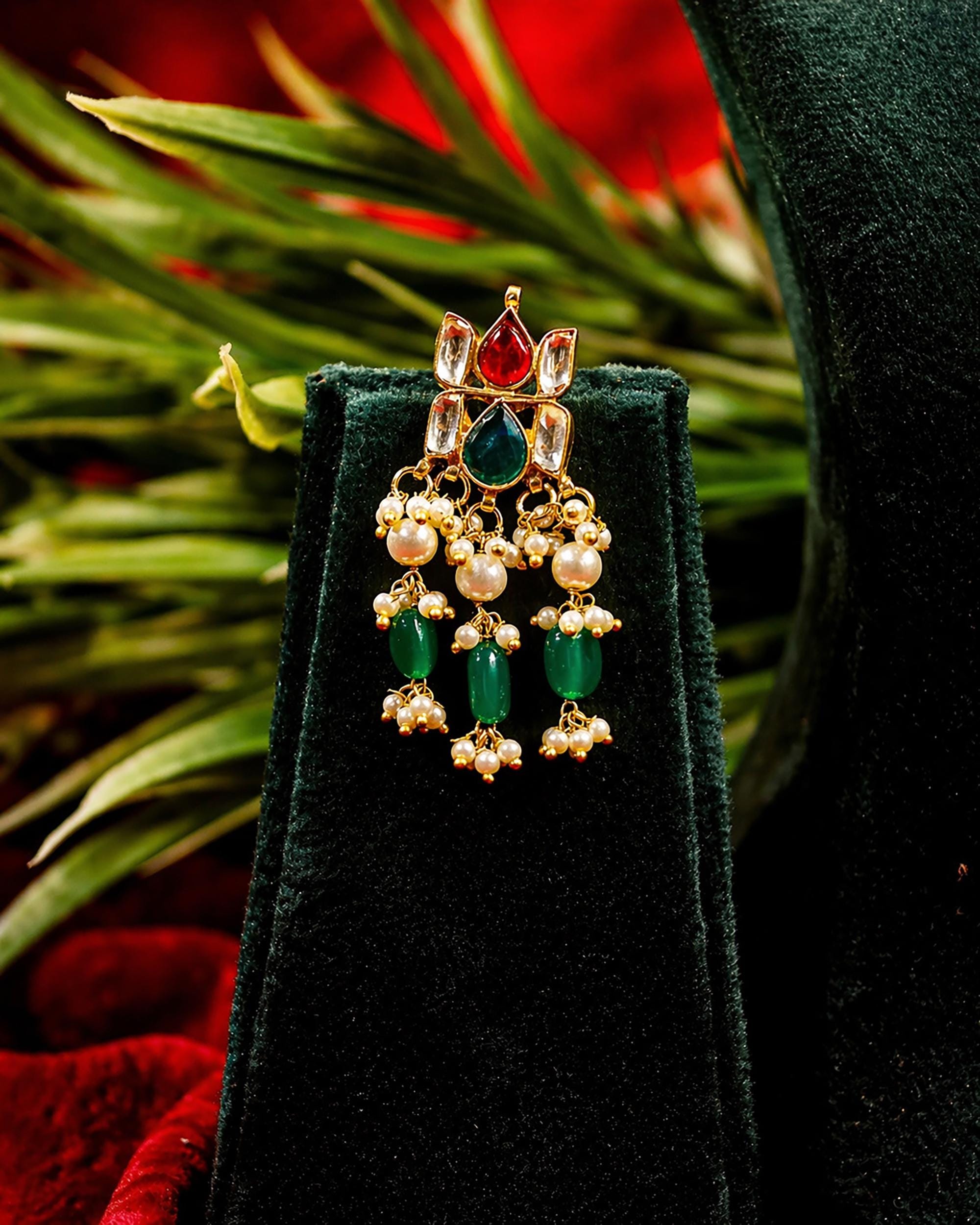 Elegant Handcrafted Kundan Necklace Set with Emerald Green & Ruby Red Accents