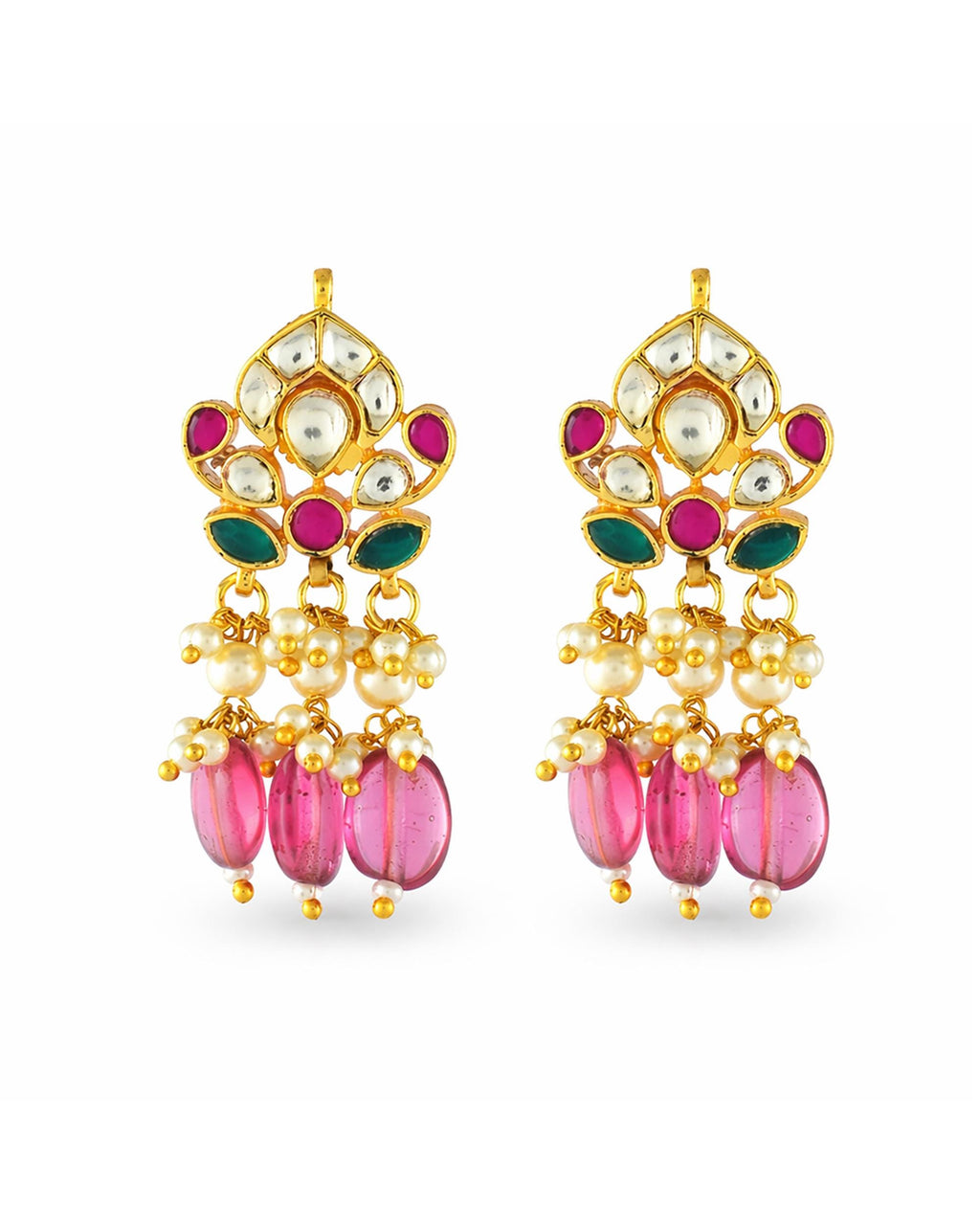 Royal Jadau Kundan Chandbali Necklace Set with Pink Monalisa Beads