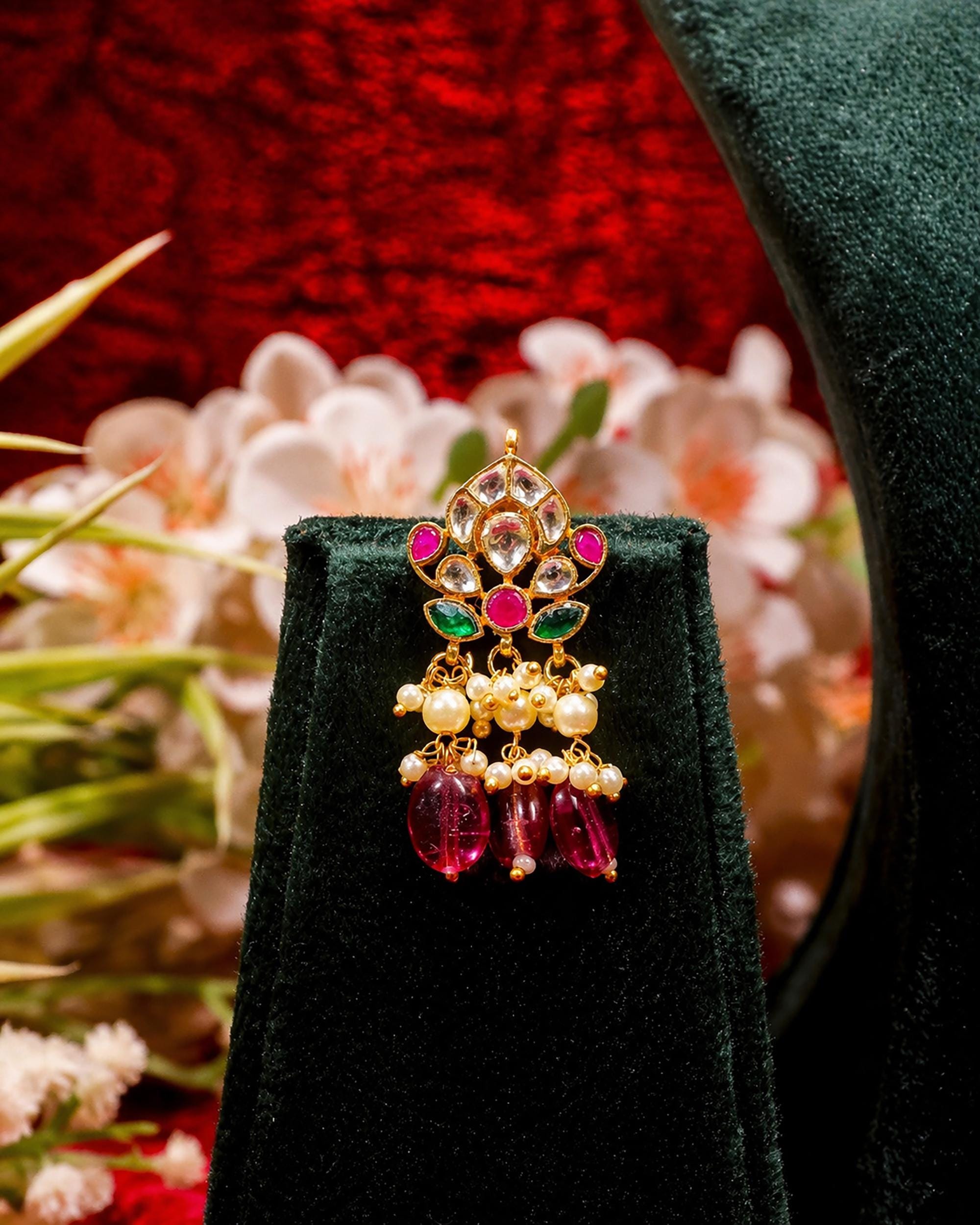 Royal Jadau Kundan Chandbali Necklace Set with Pink Monalisa Beads