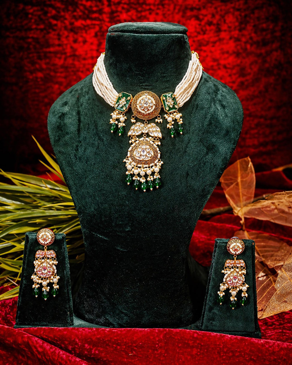 Vintage Gold-Plated Pachi Kundan Statement Pendant Necklace Set with Emerald Green Drops
