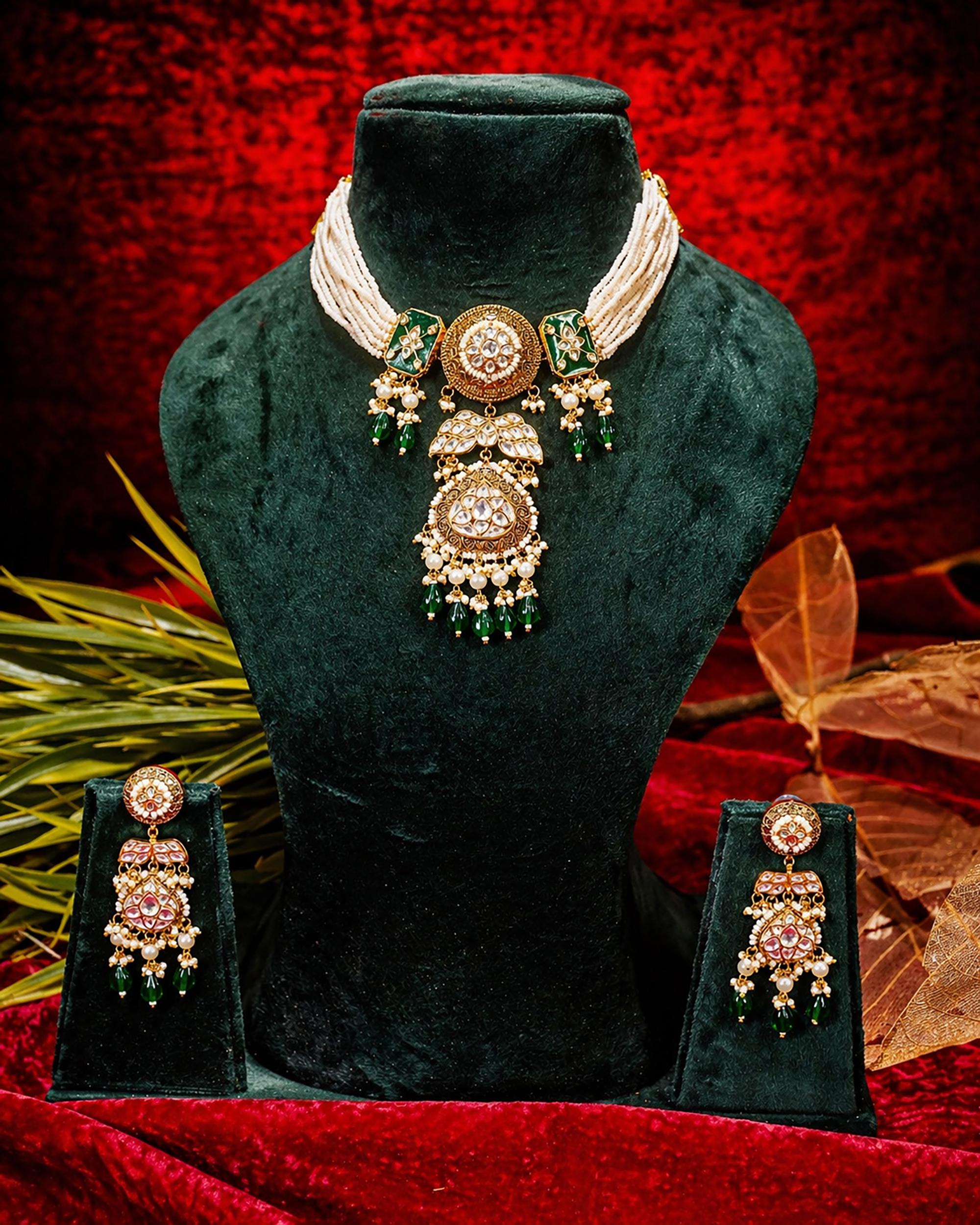 Vintage Gold-Plated Pachi Kundan Statement Pendant Necklace Set with Emerald Green Drops