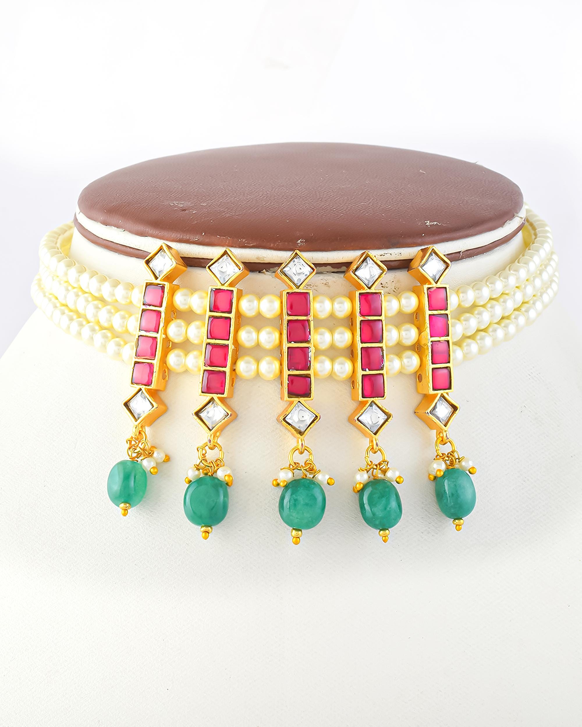 Minimalist Heritage Kundan Pearl Choker Necklace with Ruby Red & Emerald Accents