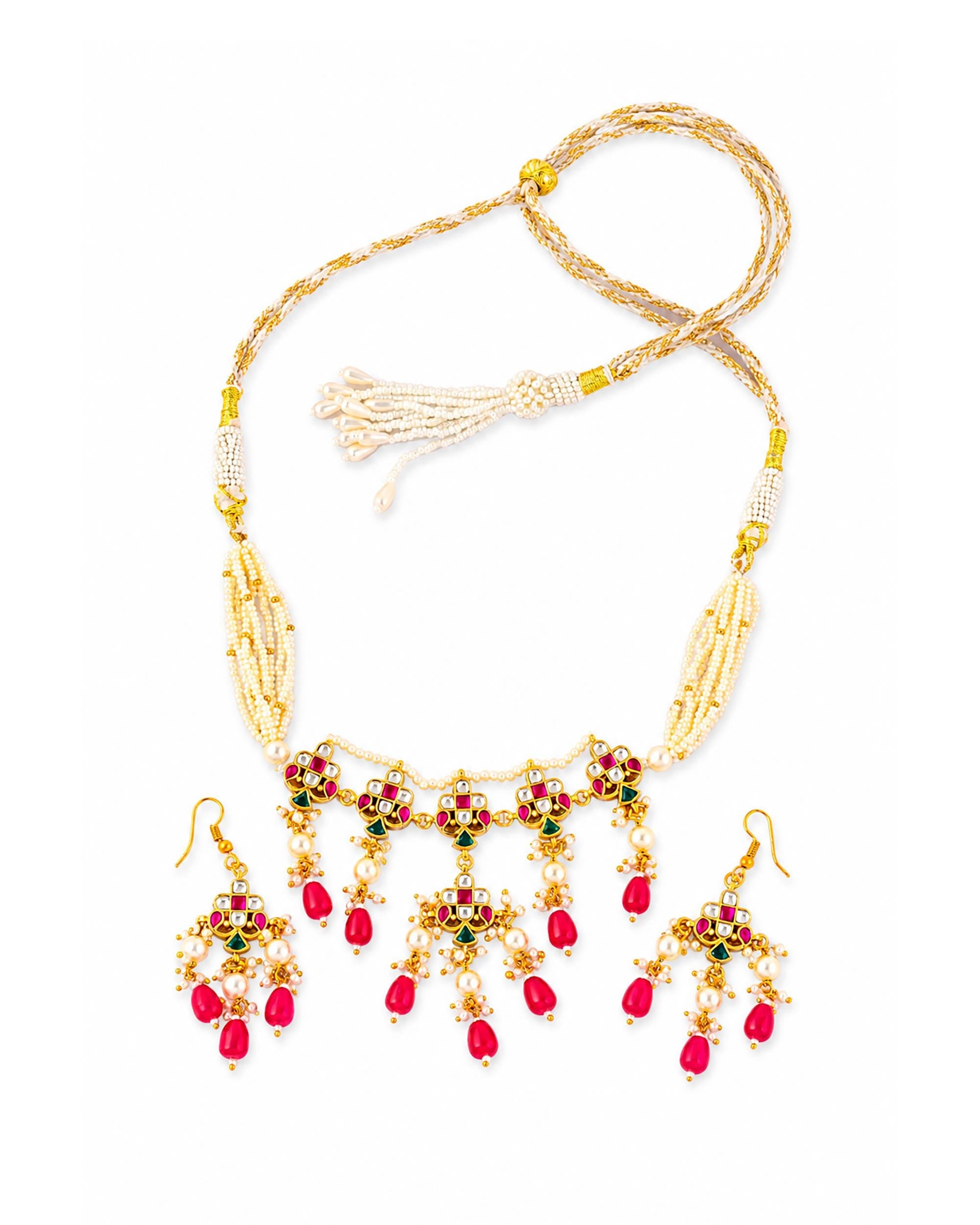 Royal Meenakari Kundan Festoon Necklace Set with Ruby Pink Drops
