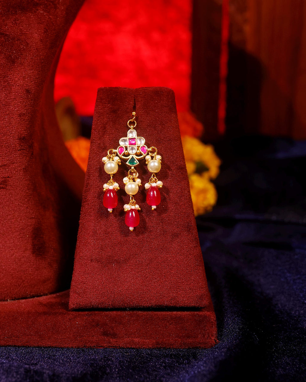Royal Meenakari Kundan Festoon Necklace Set with Ruby Pink Drops