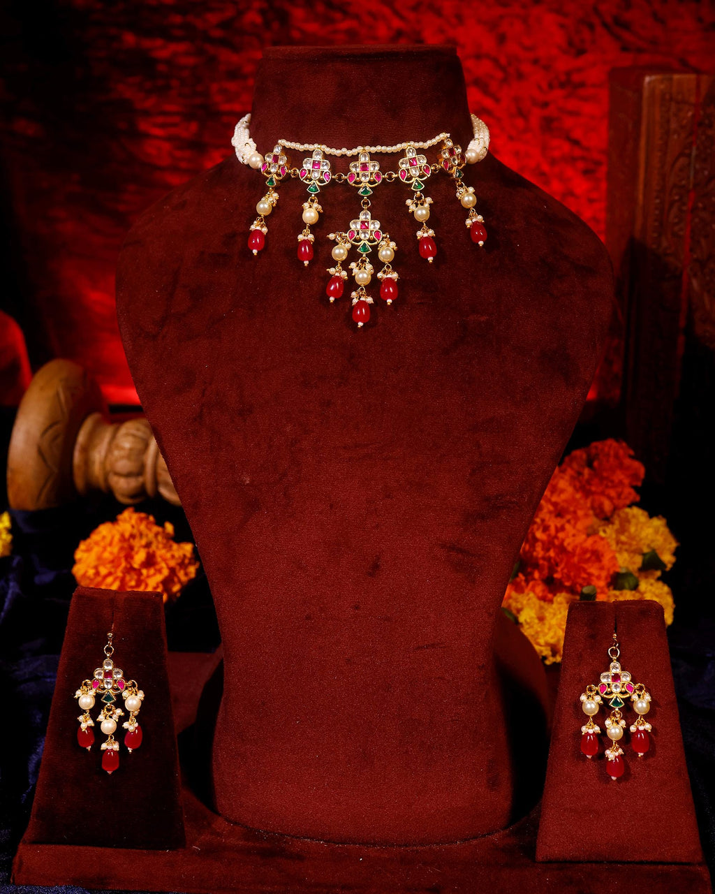 Royal Meenakari Kundan Festoon Necklace Set with Ruby Pink Drops