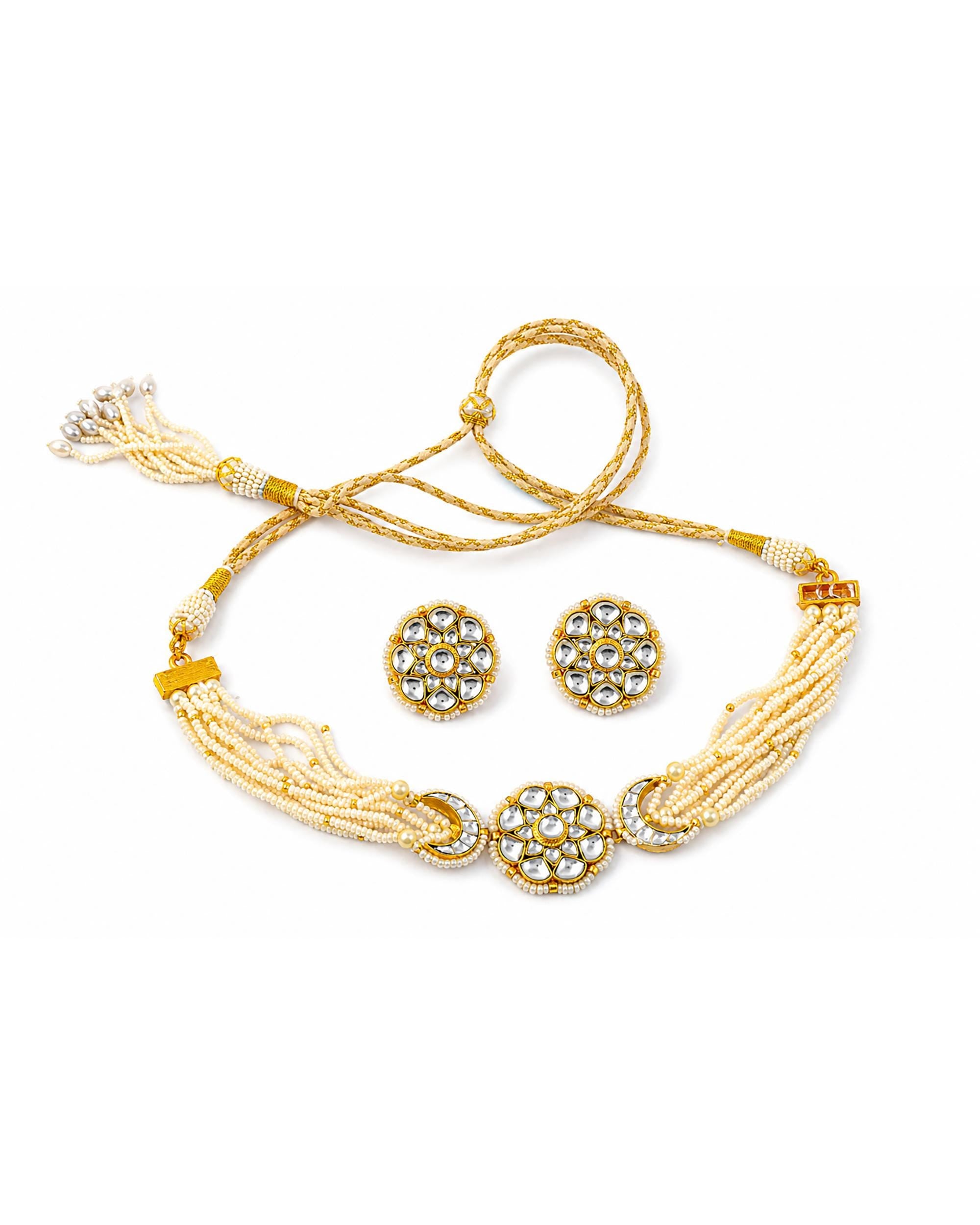 Elegant Minimalist Floral Kundan Choker Set with Multi-Strand Pearls