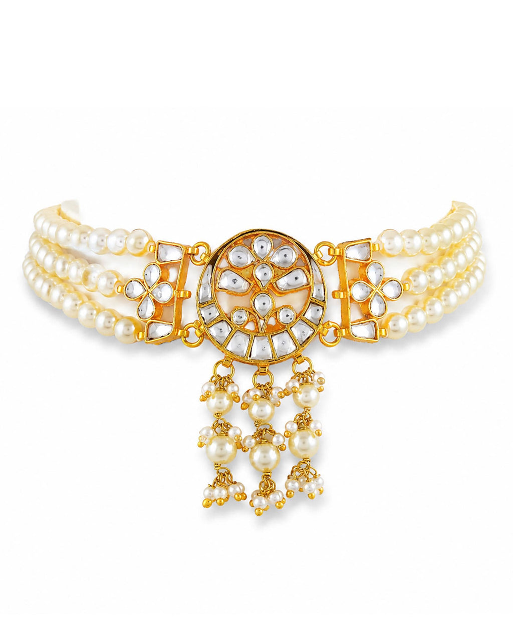 Minimalist Gold-Plated Kundan Choker Necklace Set with Cascading Pearl Clusters