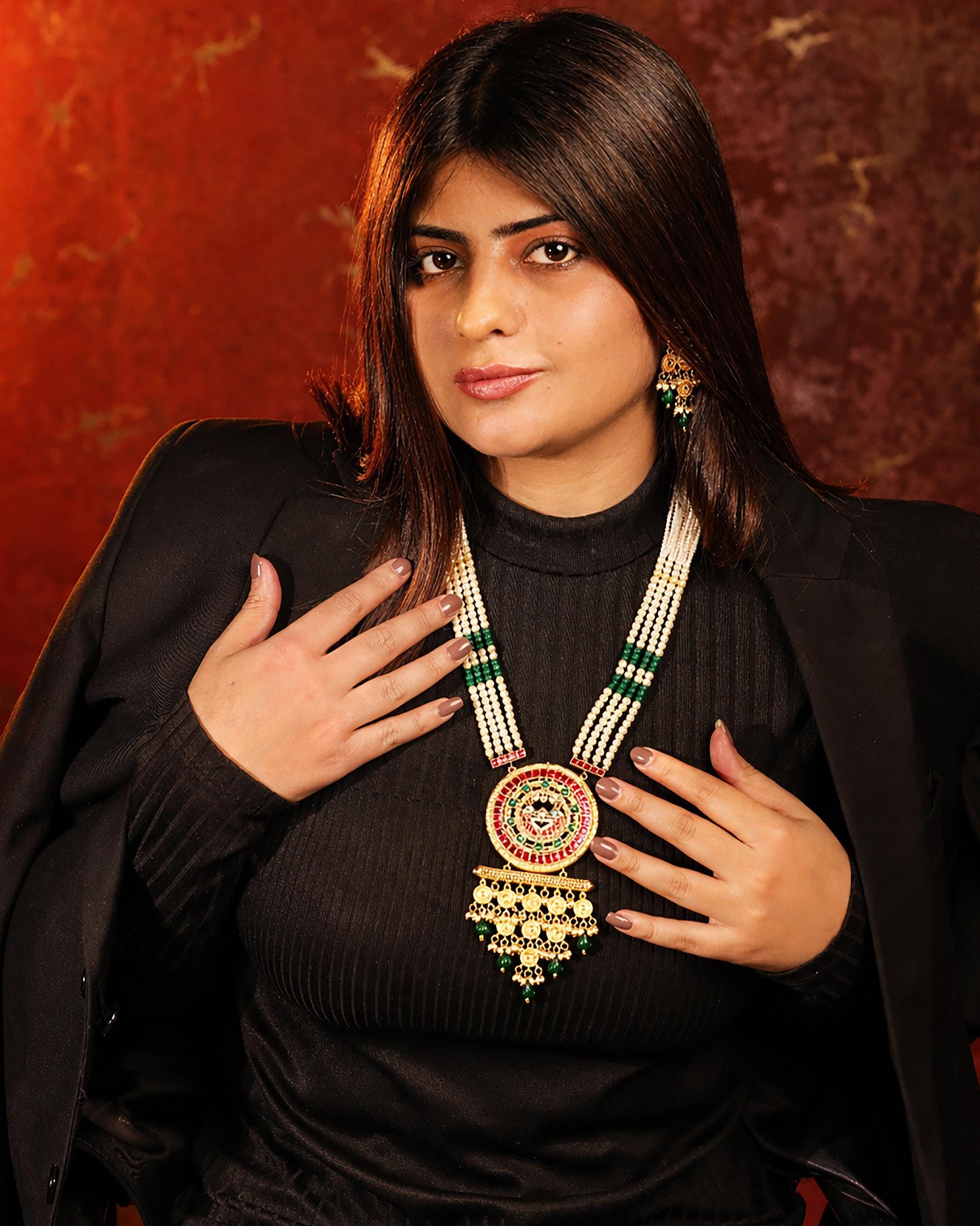 Royal Meenakari Rani Haar Statement Pendant Necklace Set with Emerald & Ruby Accents