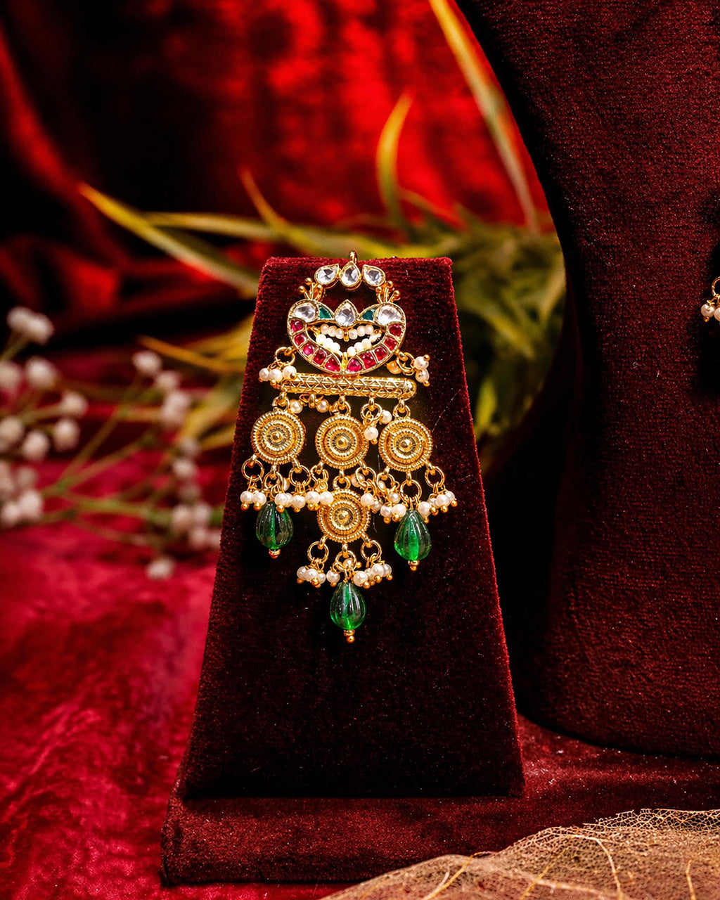 Royal Meenakari Rani Haar Statement Pendant Necklace Set with Emerald & Ruby Accents