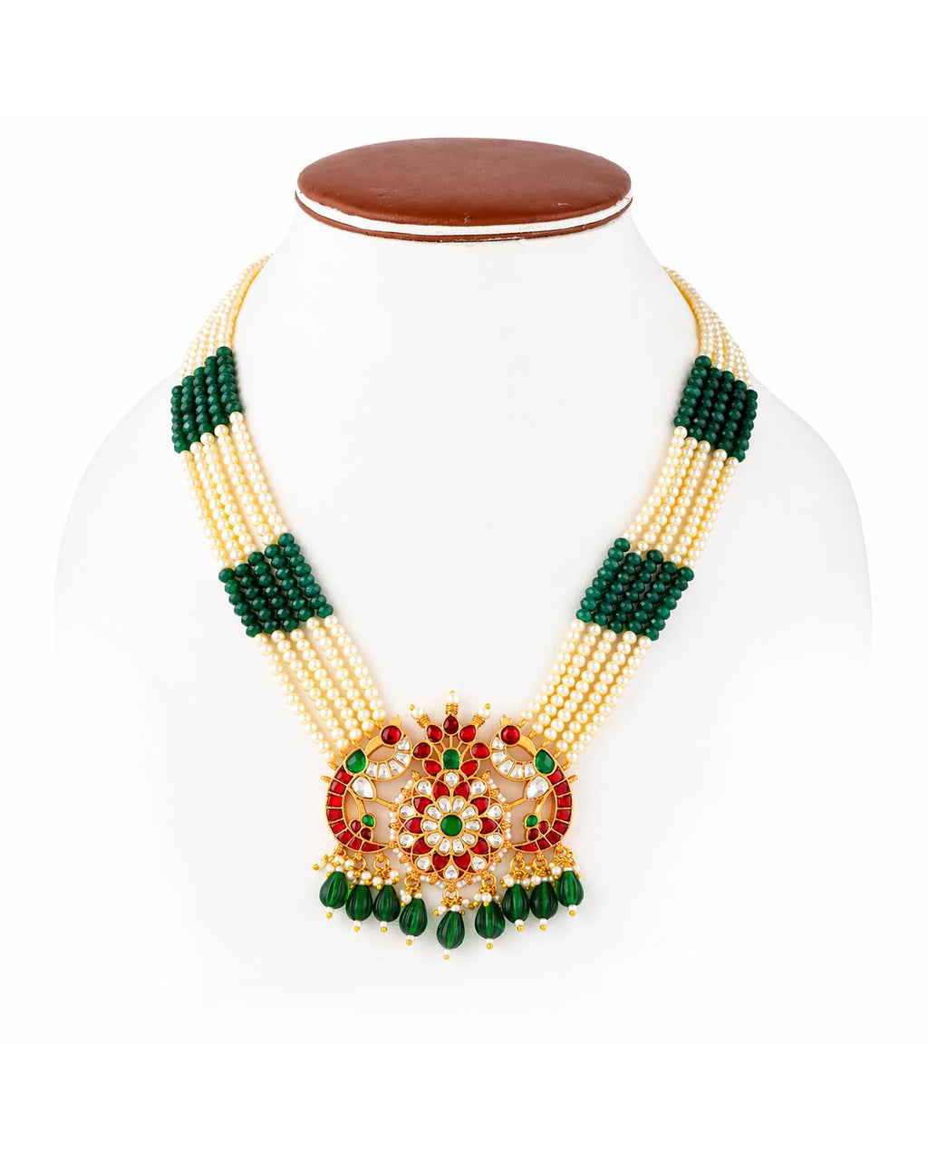 Heritage Meenakari Peacock Rani Haar Statement Pendant Necklace Set with Emerald & Ruby Accents