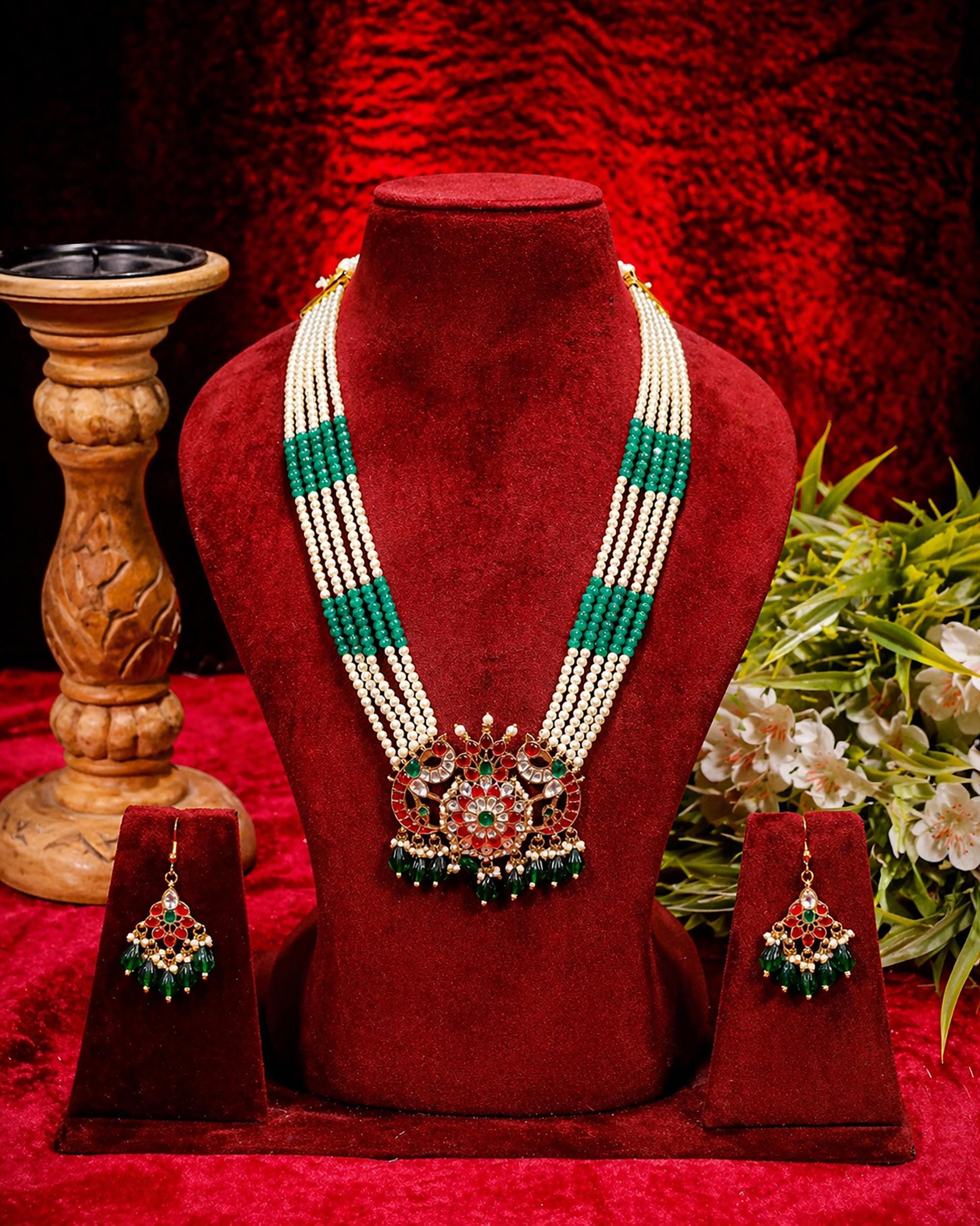 Heritage Meenakari Peacock Rani Haar Statement Pendant Necklace Set with Emerald & Ruby Accents
