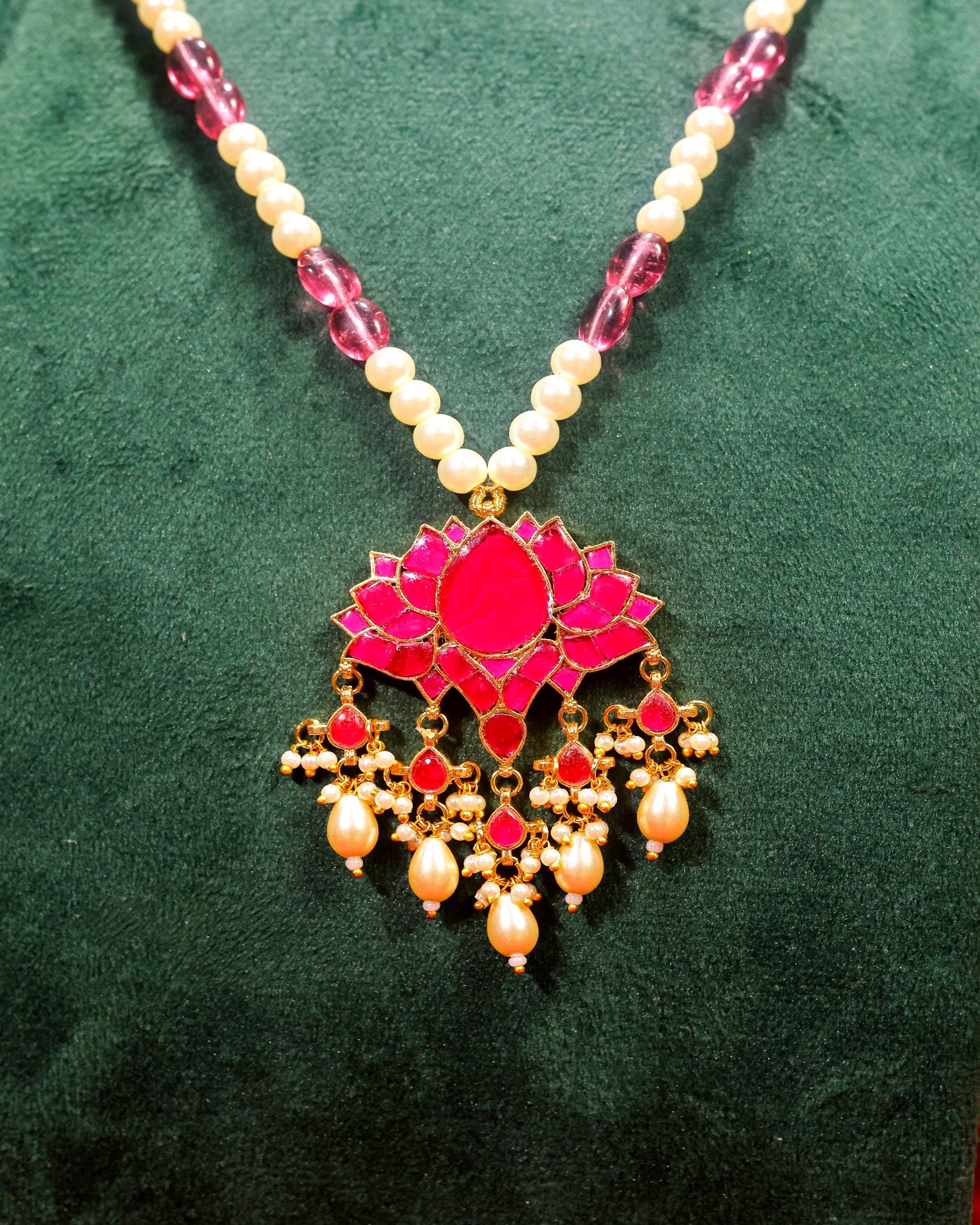 Heritage Kamal (Lotus) Jadau Pendant Necklace with Pink Monalisa Beads