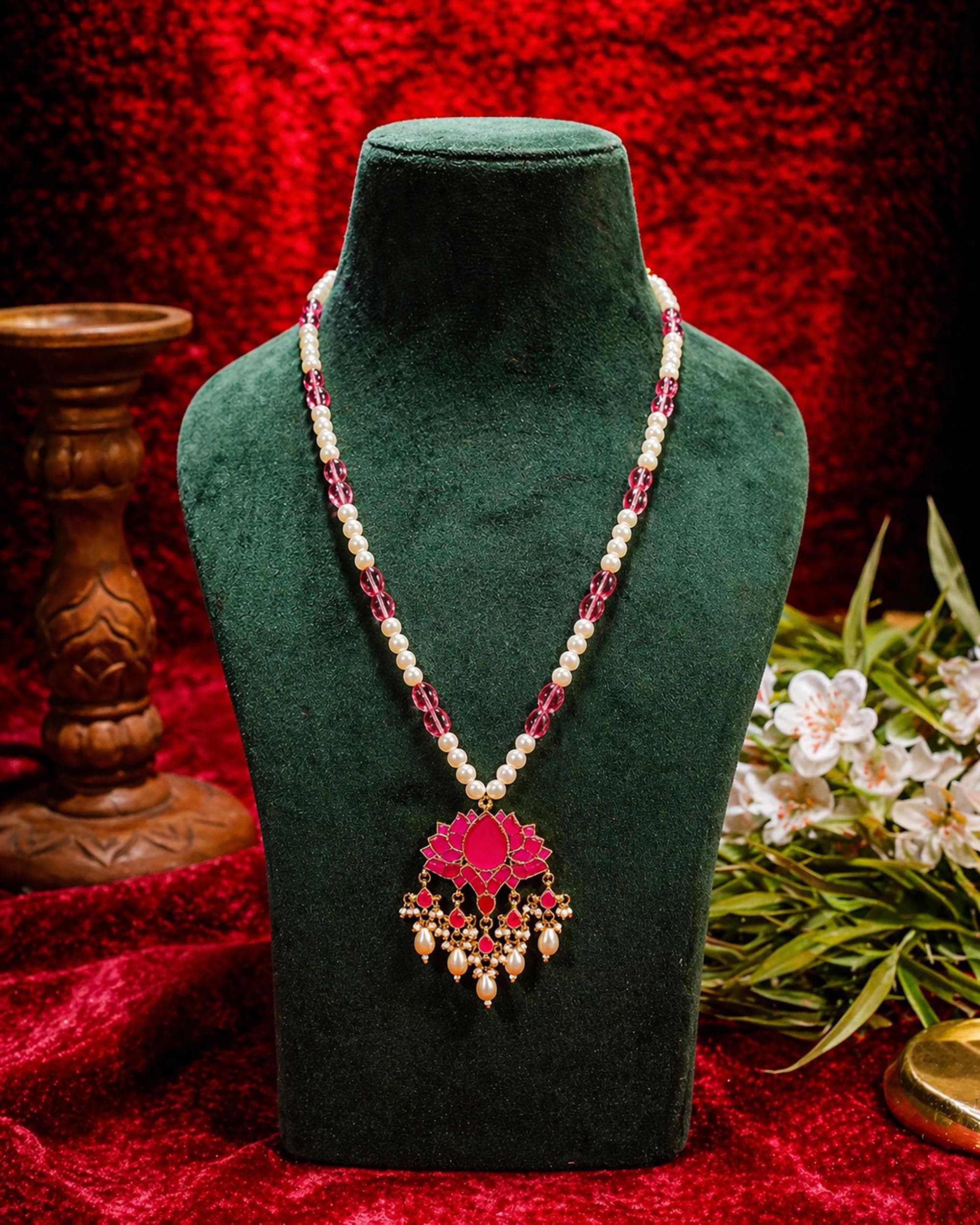 Heritage Kamal (Lotus) Jadau Pendant Necklace with Pink Monalisa Beads