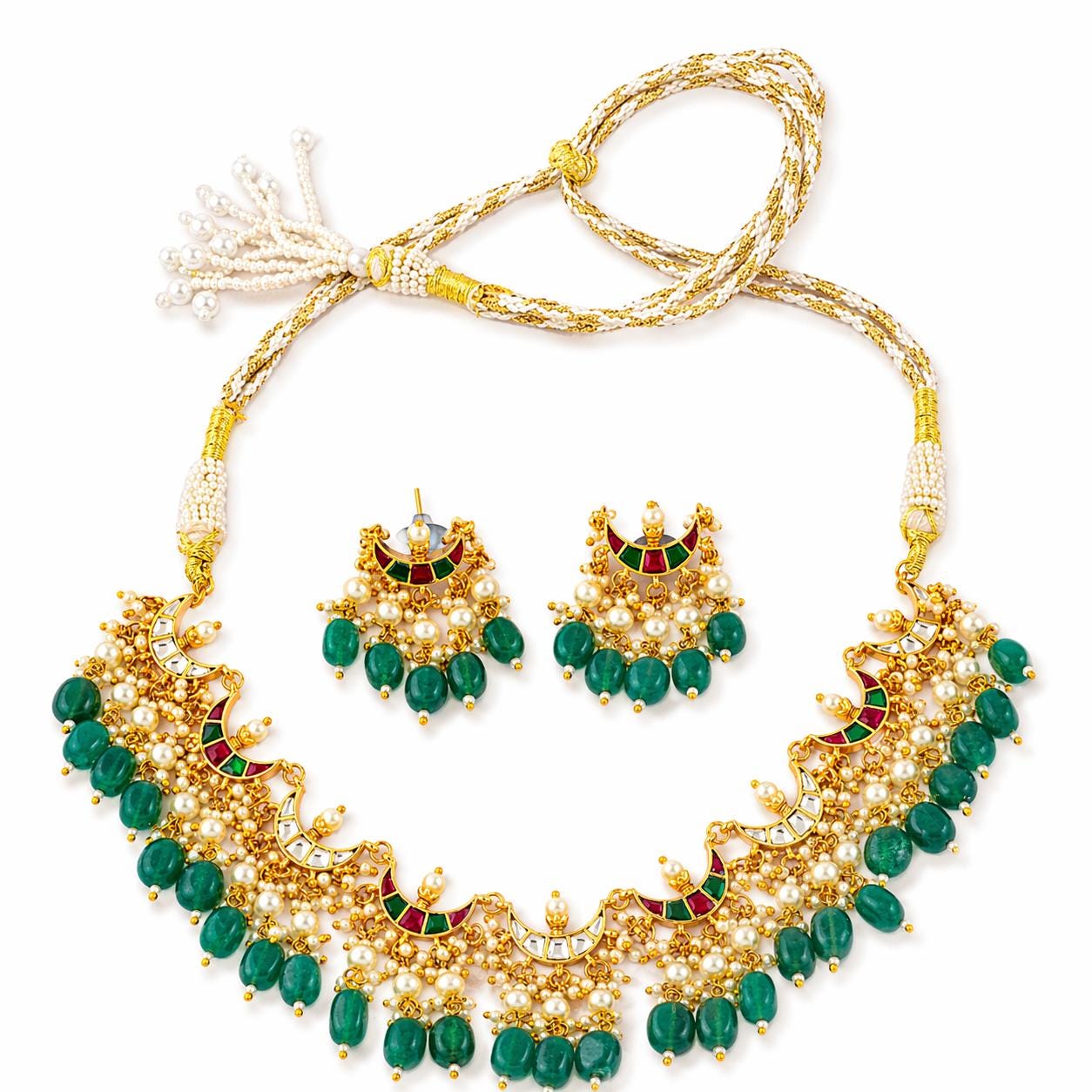 Royal Jaipuri Chandbali Choker Set with Emerald Green & Pearl Clusters
