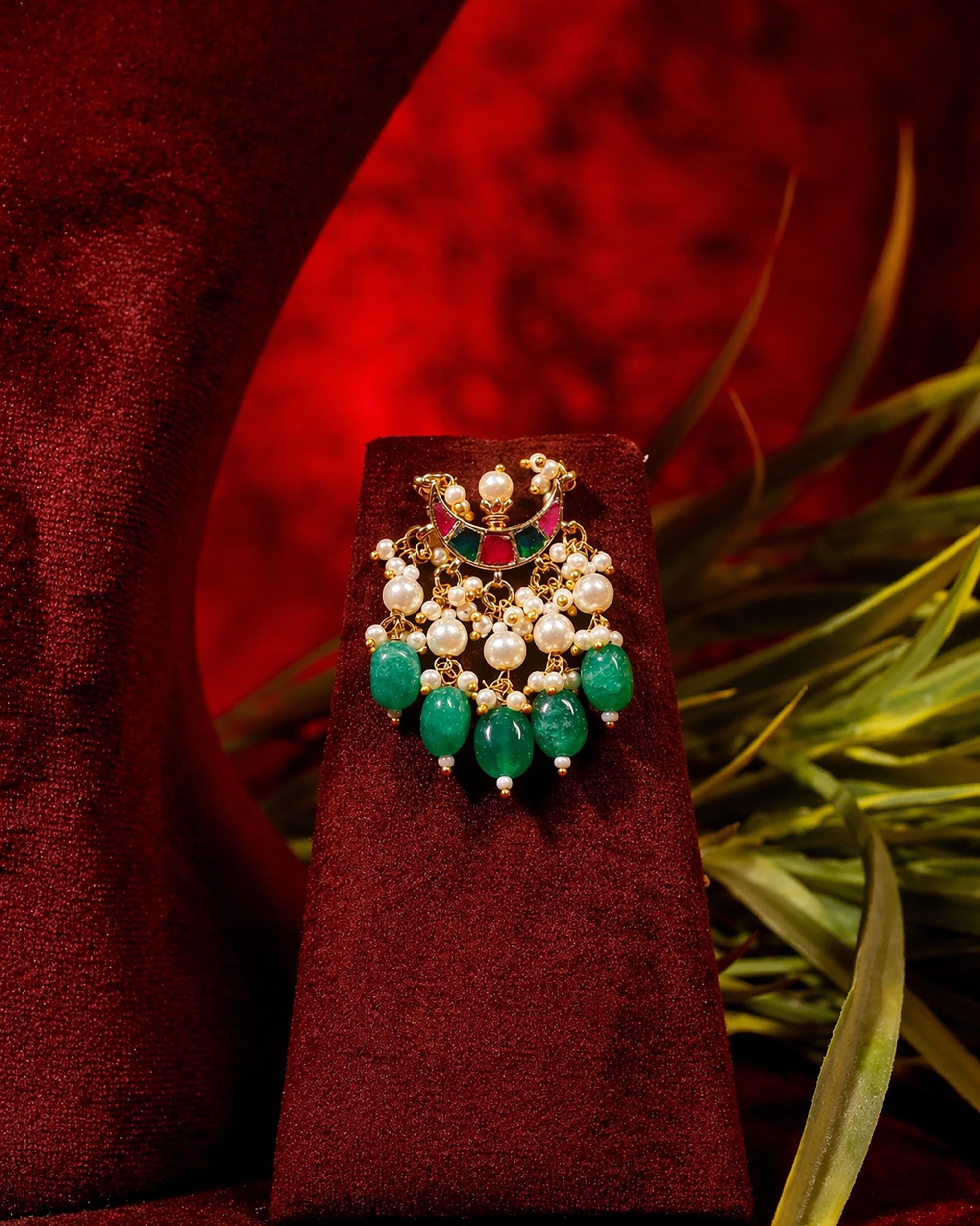 Royal Jaipuri Chandbali Choker Set with Emerald Green & Pearl Clusters
