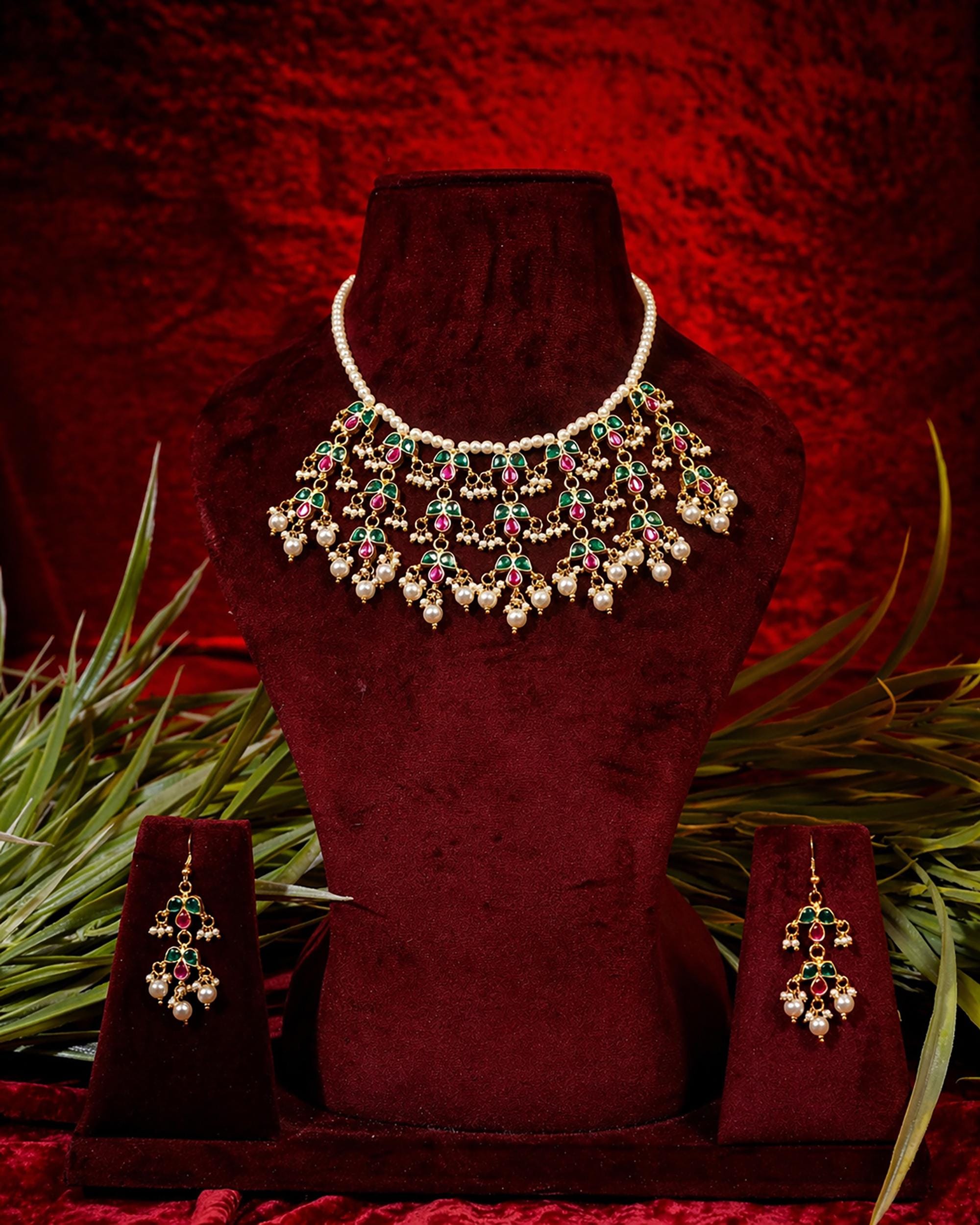 Elegant Handcrafted Meenakari Leaf Festoon Necklace Set with Pearl Clusters