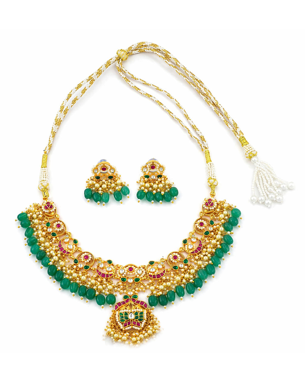 Royal Jadau Kundan Statement Choker Set with Emerald Green Drops & Floral Pendant
