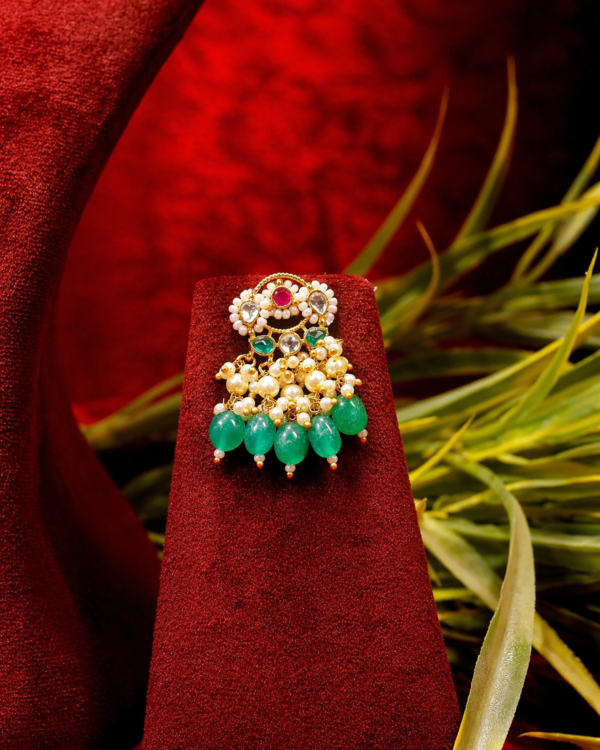 Royal Jadau Kundan Statement Choker Set with Emerald Green Drops & Floral Pendant