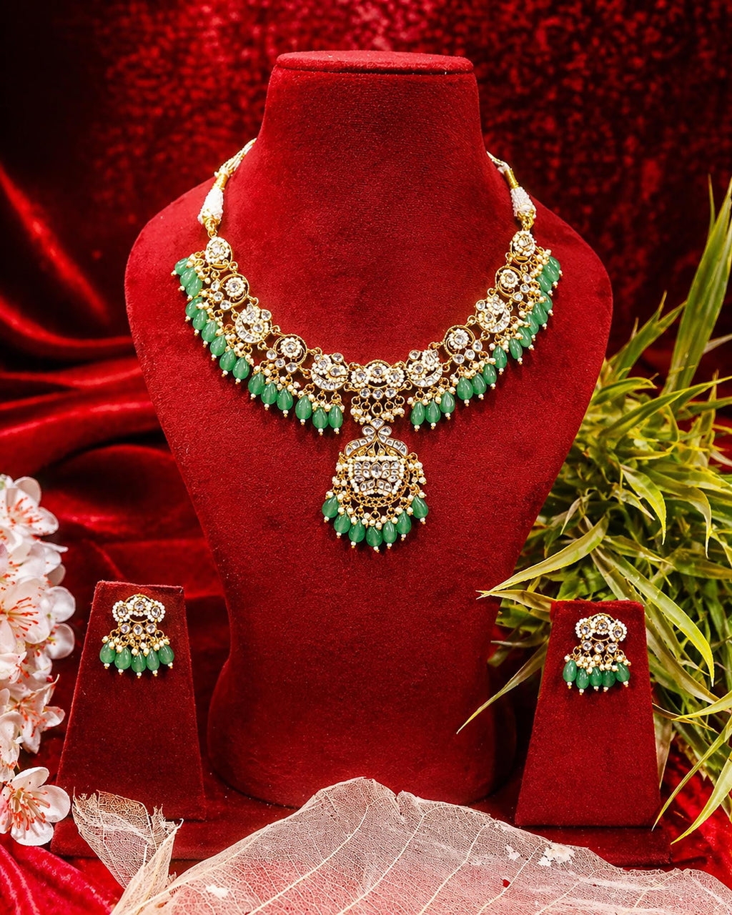 Royal Jaipuri Jadau Kundan Statement Choker Set with Emerald Green Drops