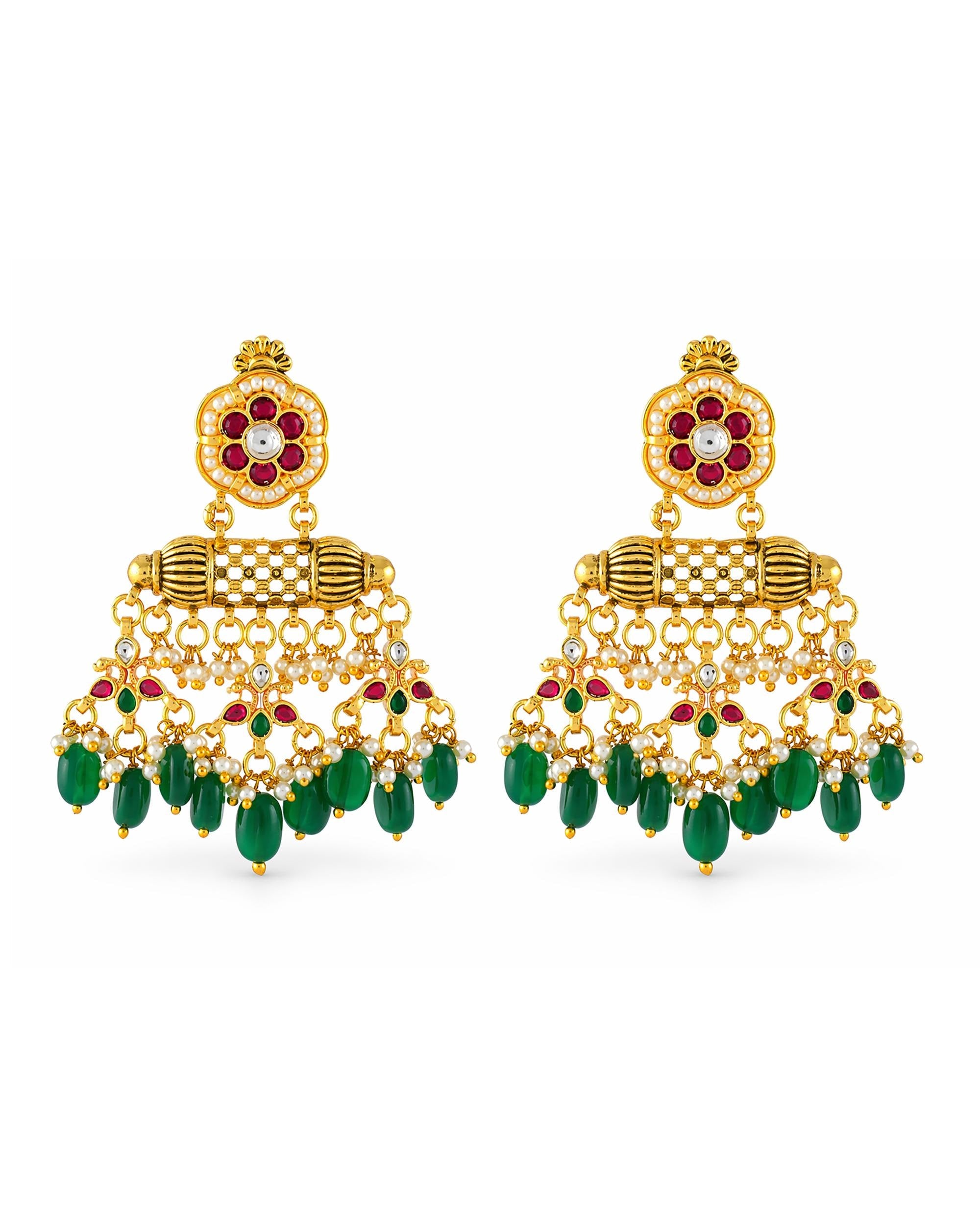 Royal Pachi Kundan Crescent Choker Set with Cascading Emerald Green Drops
