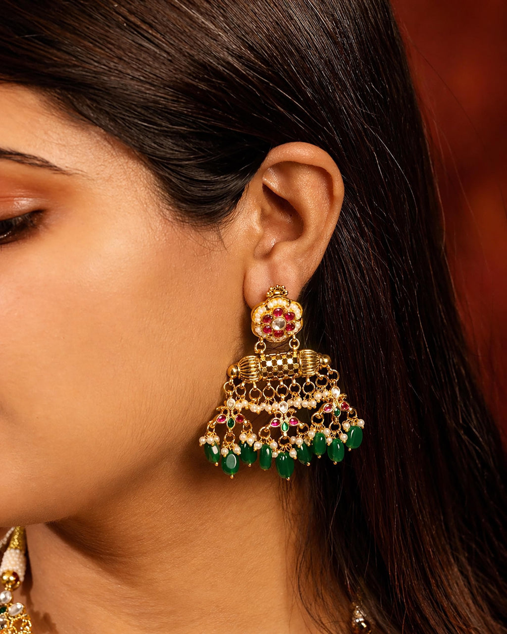 Royal Pachi Kundan Crescent Choker Set with Cascading Emerald Green Drops