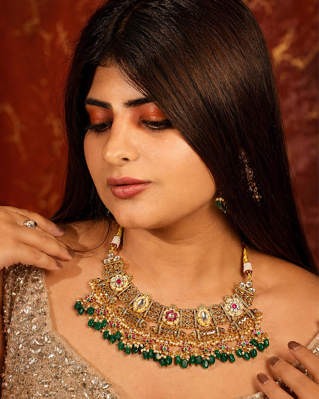 Royal Pachi Kundan Crescent Choker Set with Cascading Emerald Green Drops