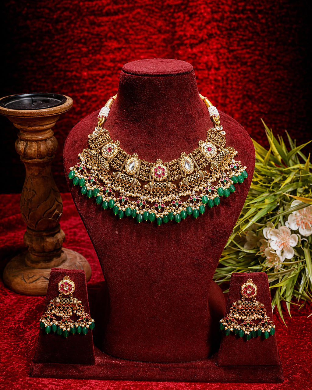 Royal Pachi Kundan Crescent Choker Set with Cascading Emerald Green Drops