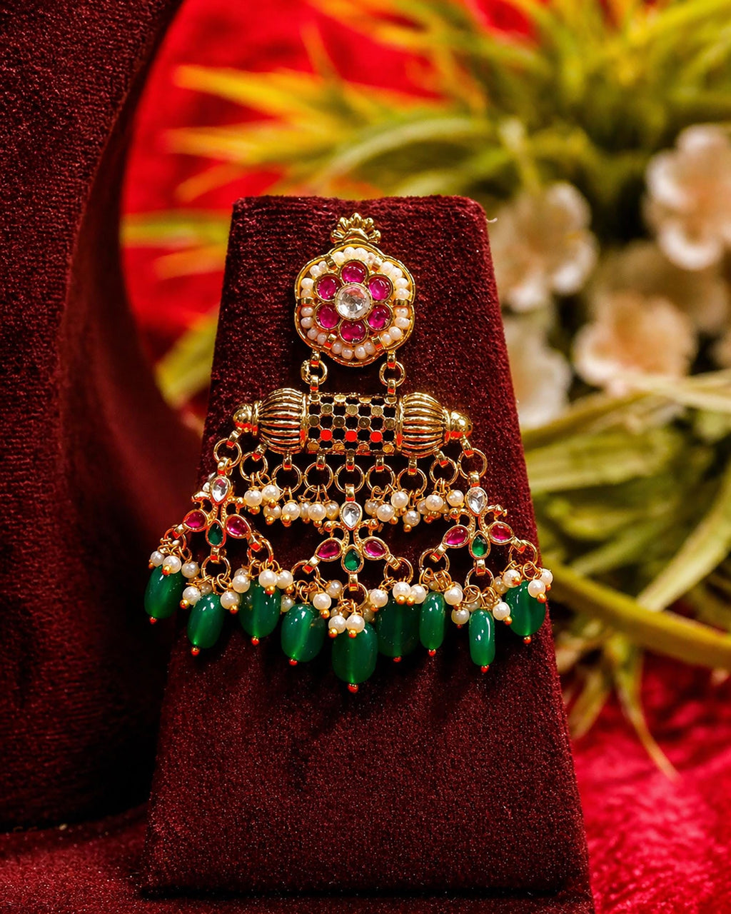 Royal Pachi Kundan Crescent Choker Set with Cascading Emerald Green Drops