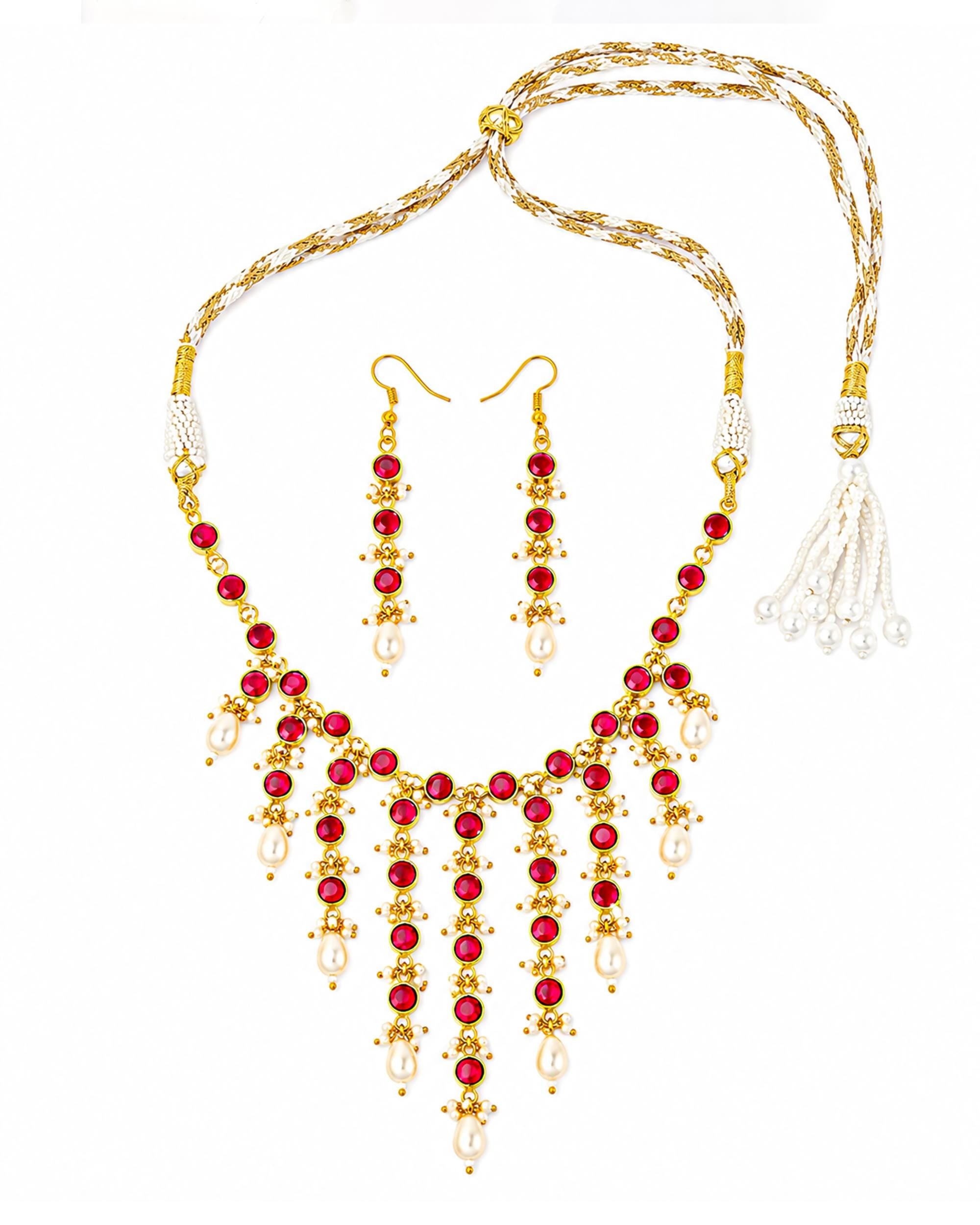 Handcrafted Kundan Choker Necklace Set with Emerald Onyx Drops, Pearl Mala Earrings