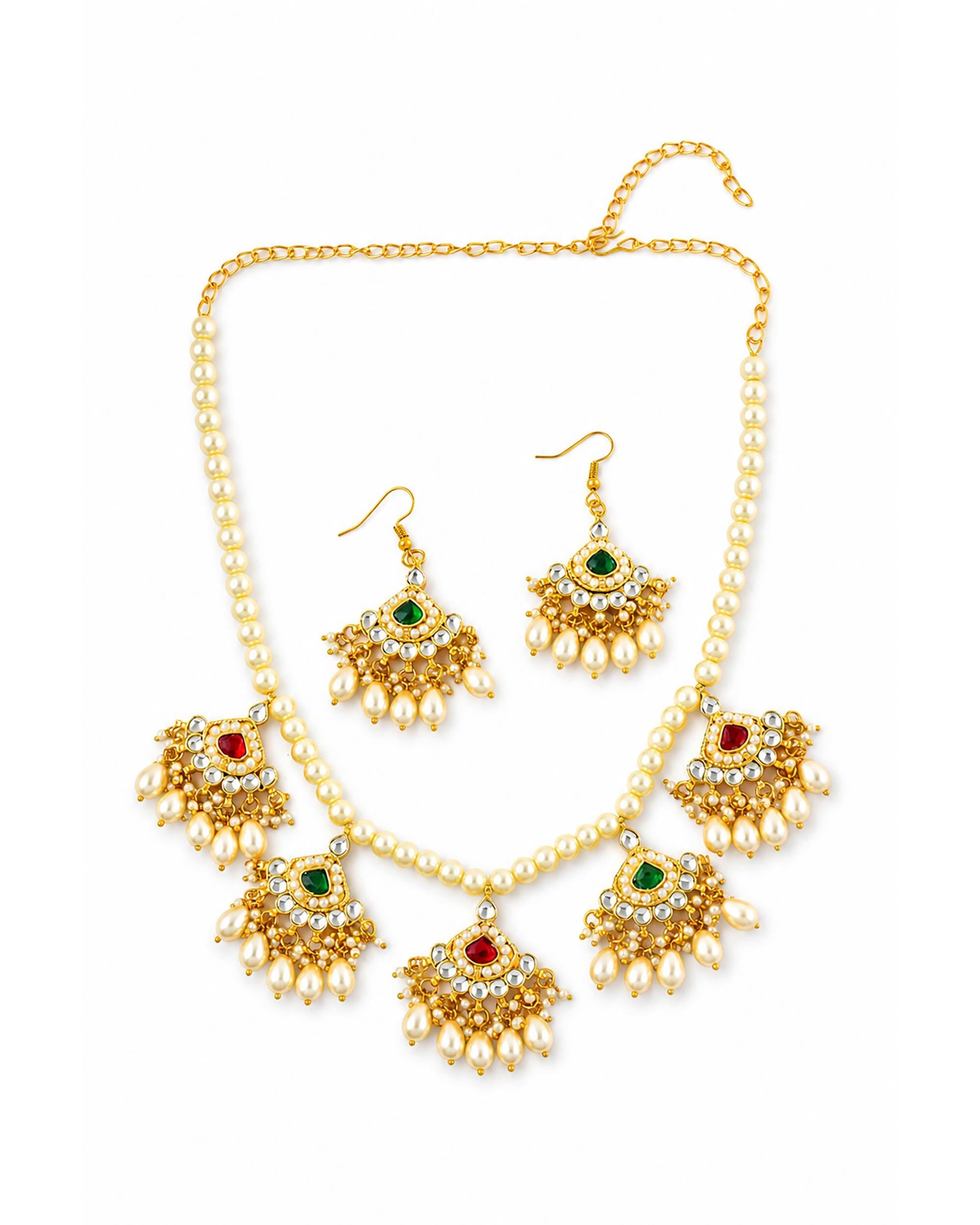 Handcrafted Indian Meenakari Kundan Necklace Set: Ruby Pink Pearls, Gold Finish