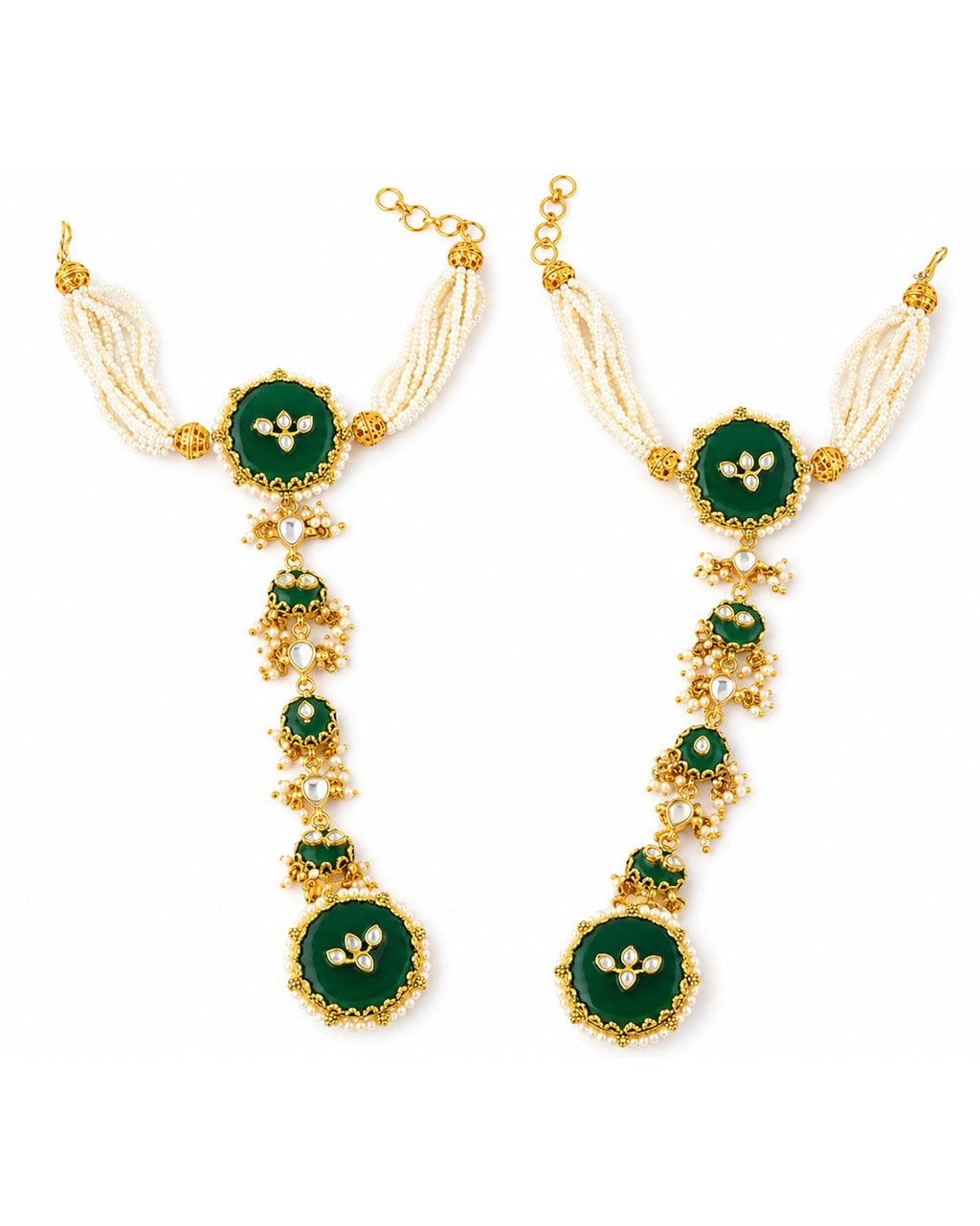 Green Enamel Pearl Haathphool | Kundan Inspired Bridal Hand Harness, Ethnic Jewelry