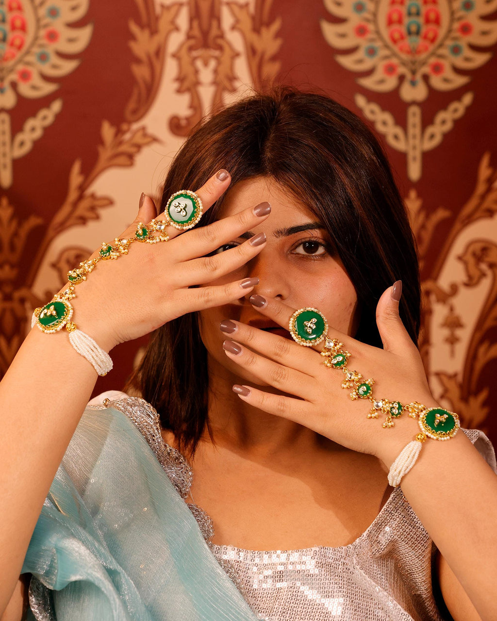 Green Enamel Pearl Haathphool | Kundan Inspired Bridal Hand Harness, Ethnic Jewelry