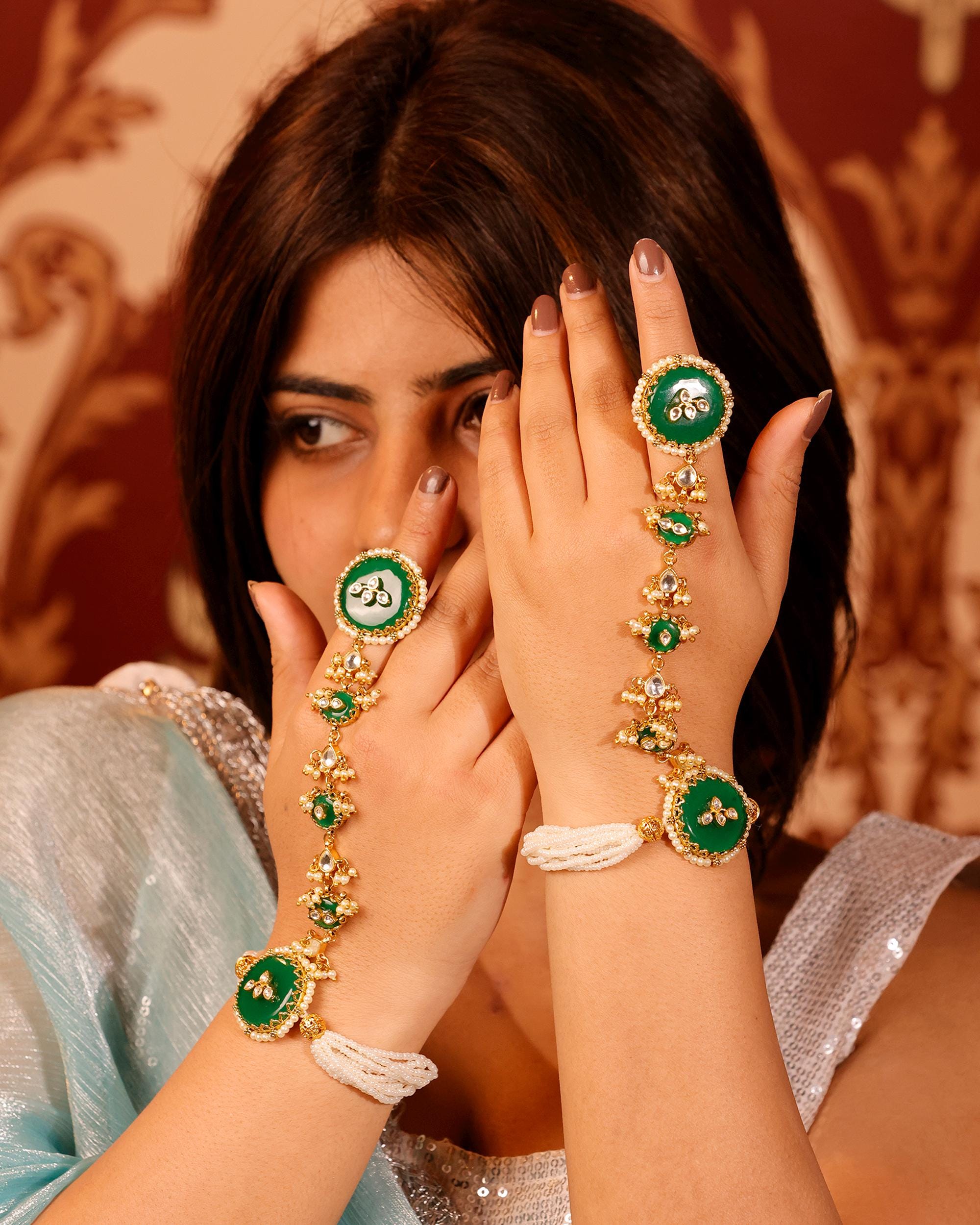 Green Enamel Pearl Haathphool | Kundan Inspired Bridal Hand Harness, Ethnic Jewelry