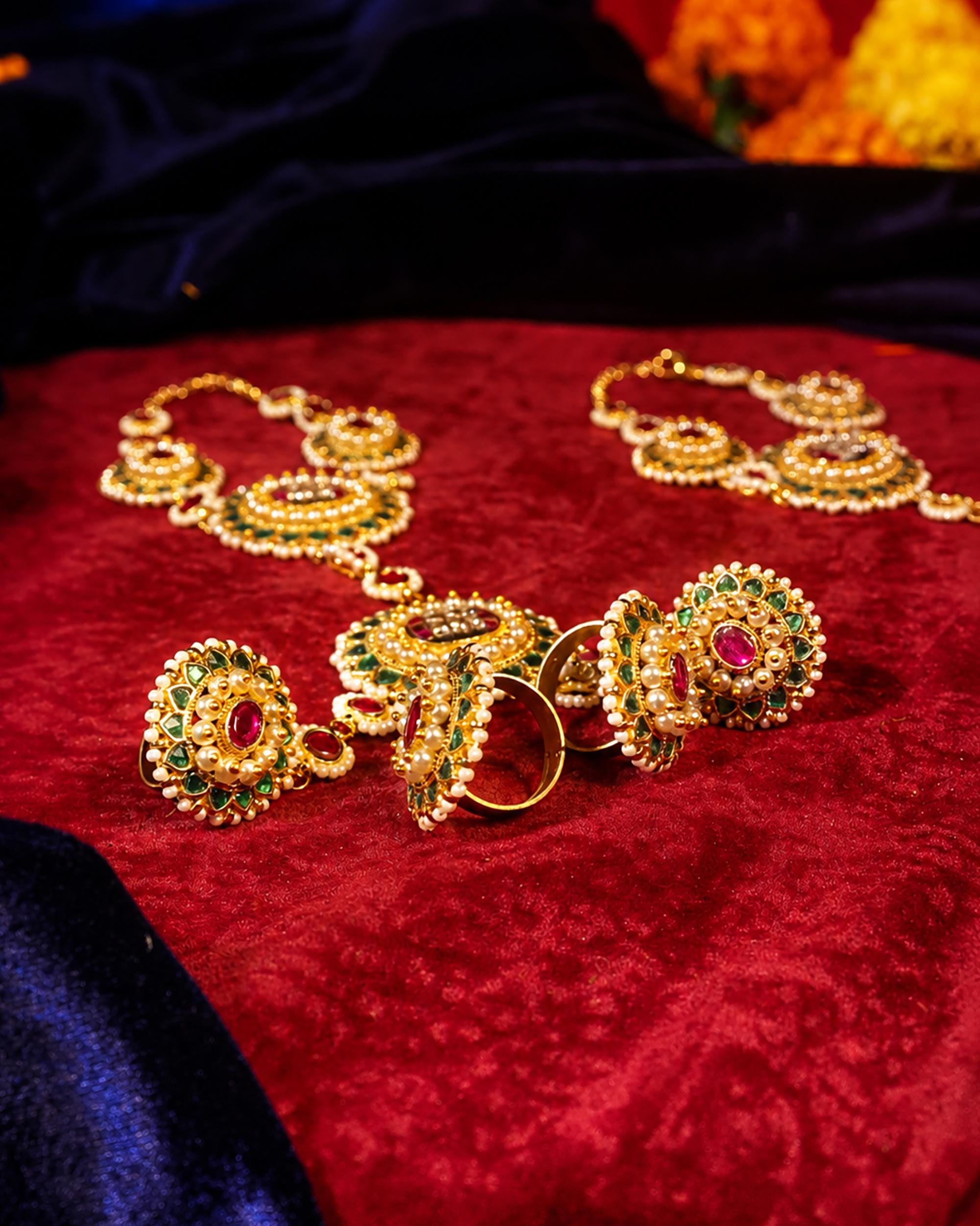 Red Green Kundan Haathphool | Bridal Hand Harness, Pearl Wedding Jewelry