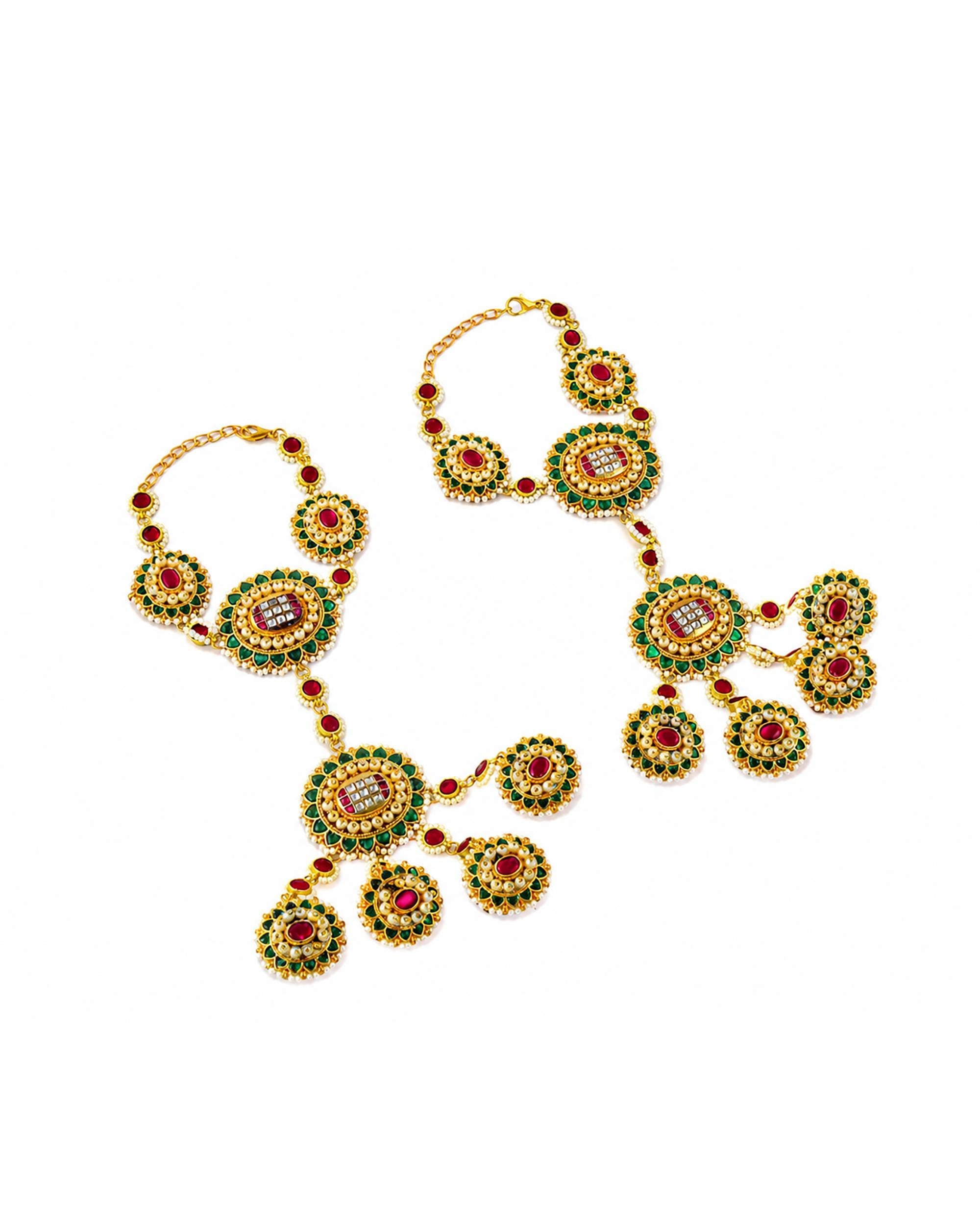 Red Green Kundan Haathphool | Bridal Hand Harness, Pearl Wedding Jewelry