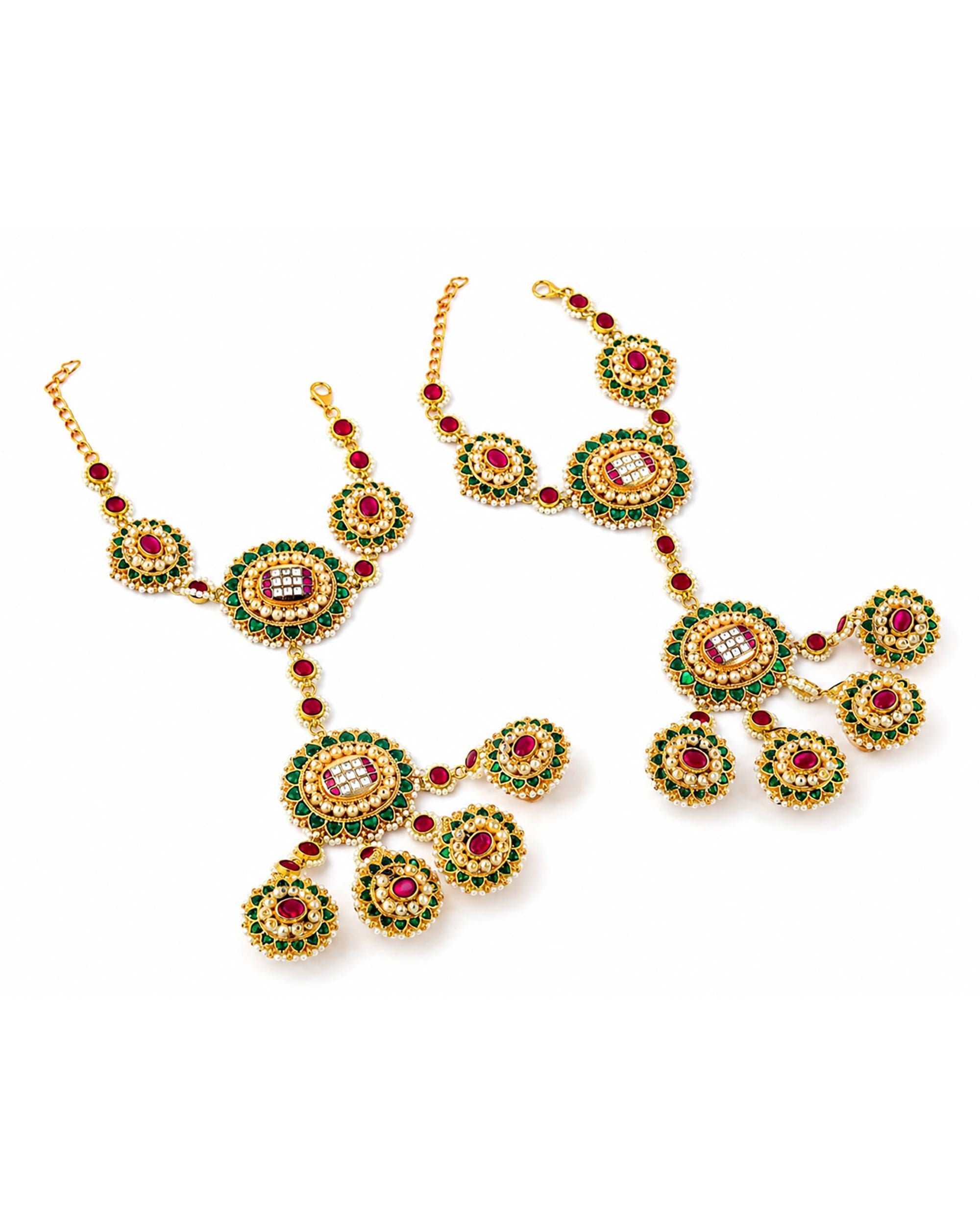Red Green Kundan Haathphool | Bridal Hand Harness, Pearl Wedding Jewelry