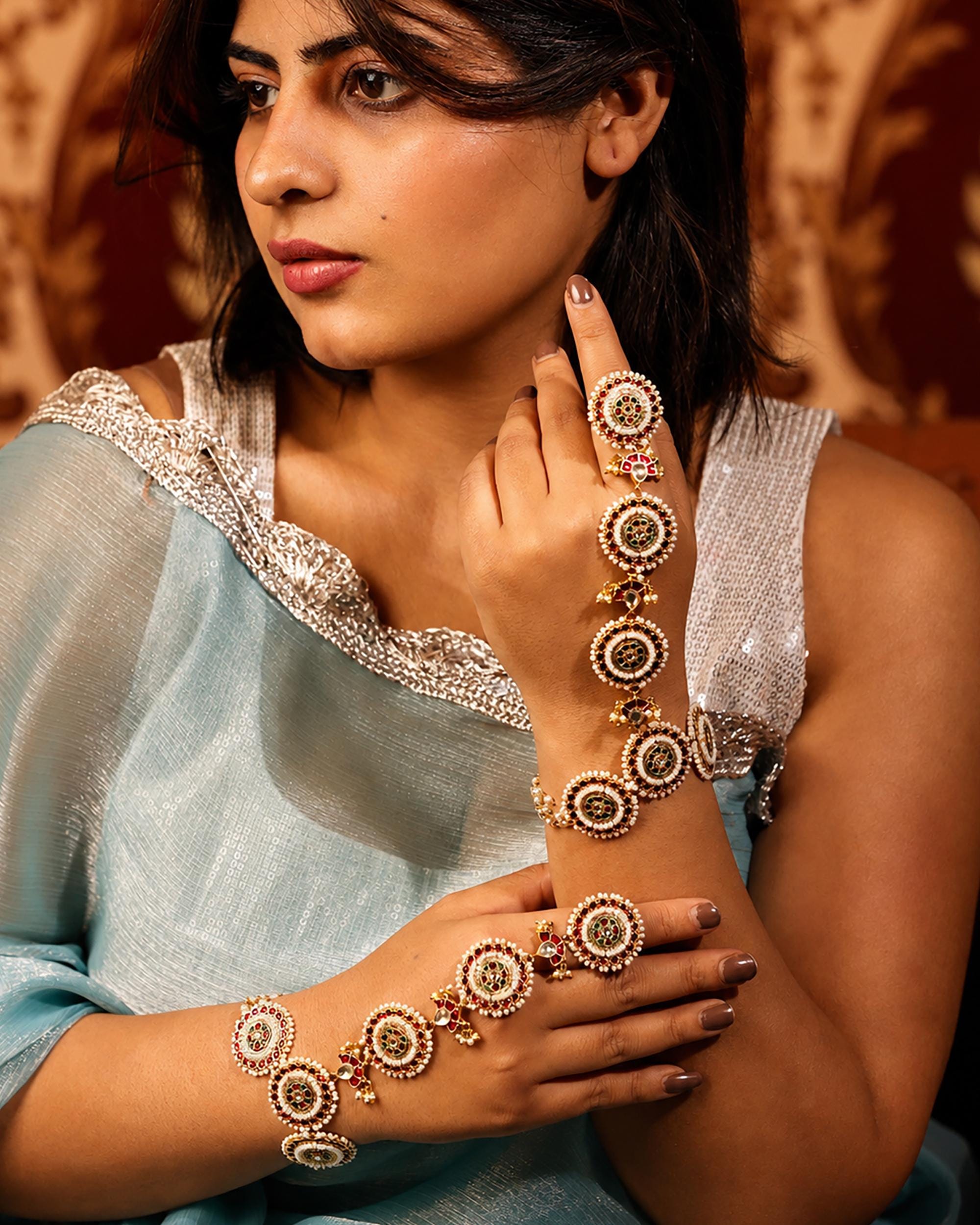 Kundan Haathphool Indian Hand Harness | Red Green Pearl Bridal Wedding Jewelry