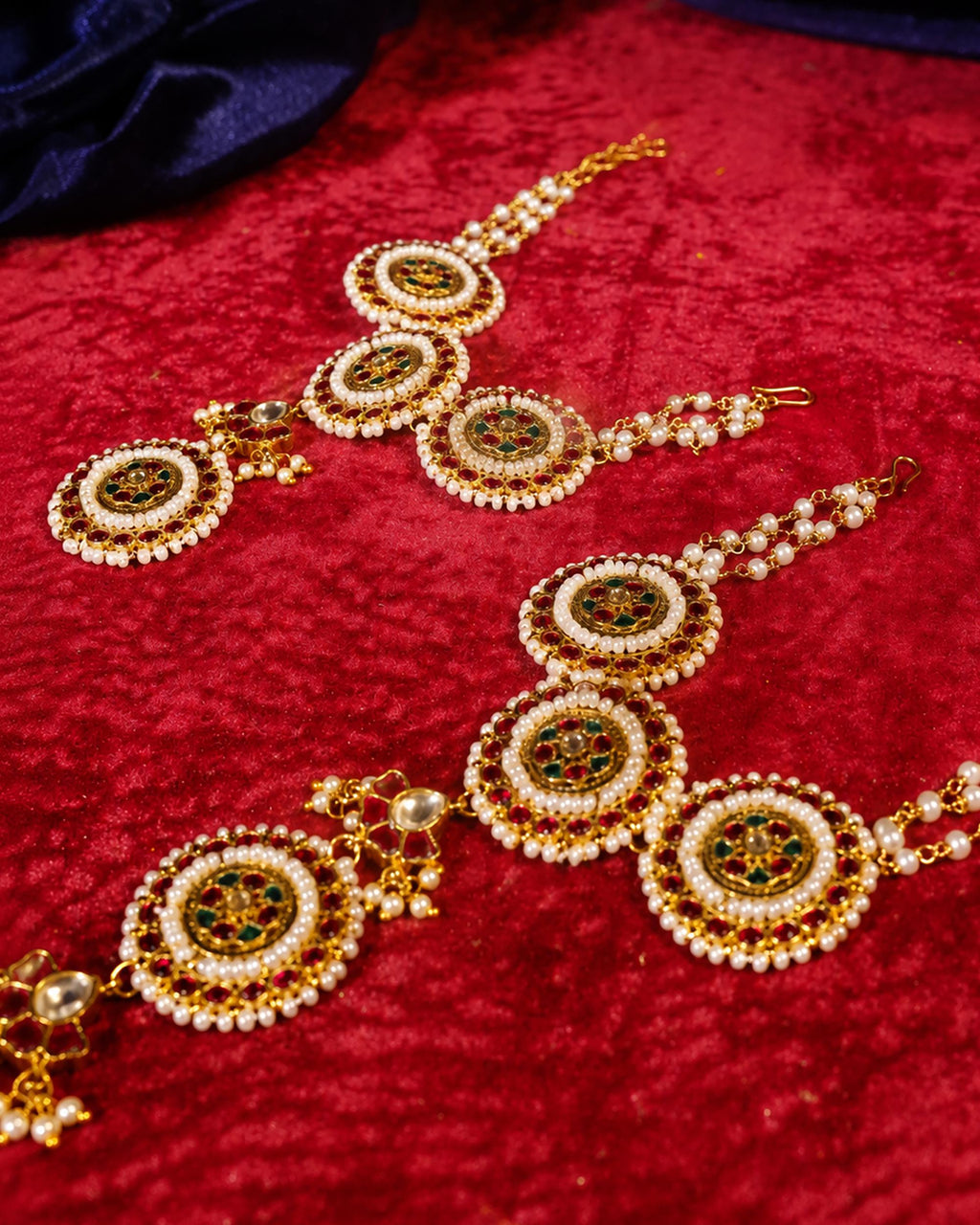 Kundan Haathphool Indian Hand Harness | Red Green Pearl Bridal Wedding Jewelry