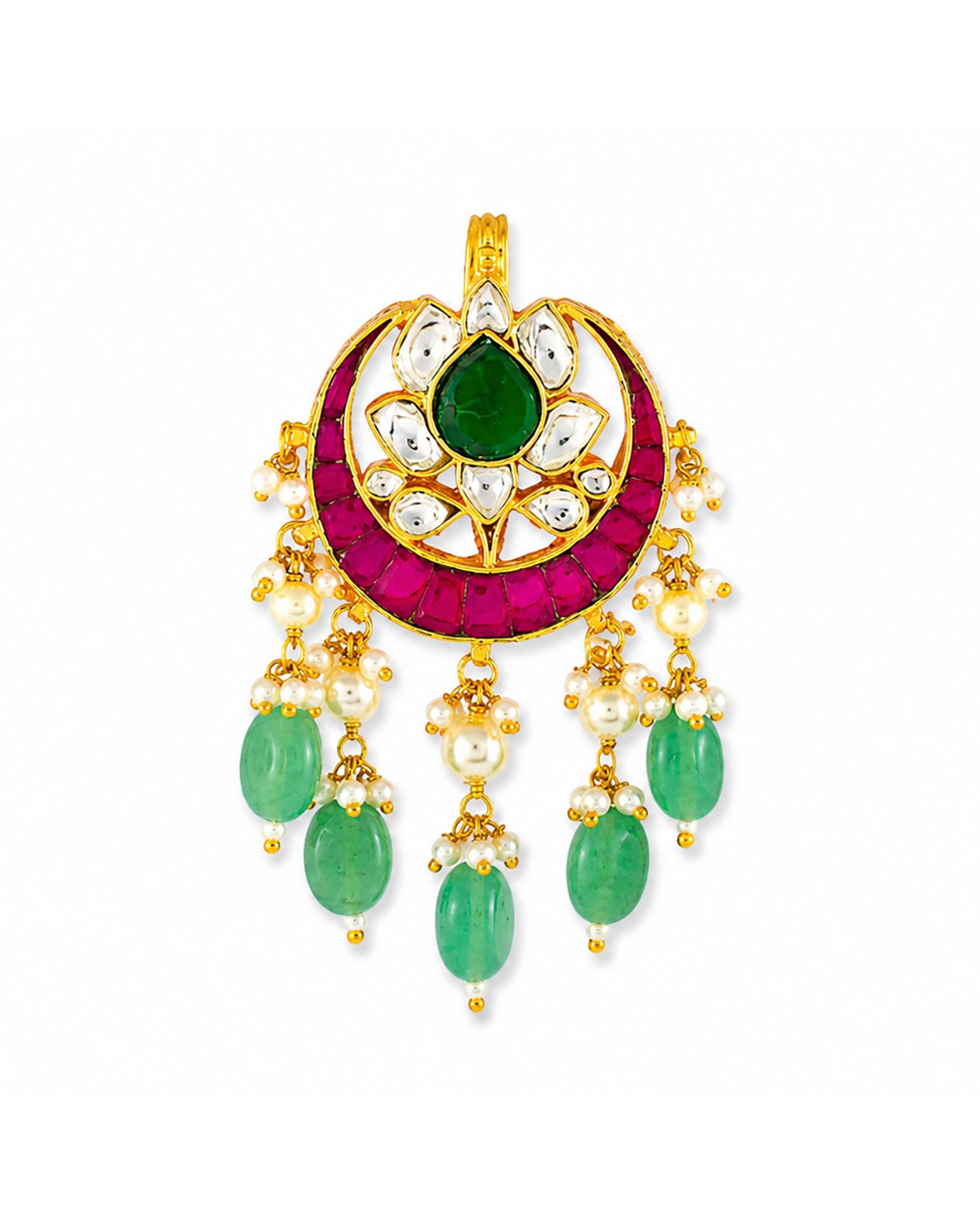 Kundan Hair Brooch | Pink Green Stones, Pearls, Bridal Braid Accessory