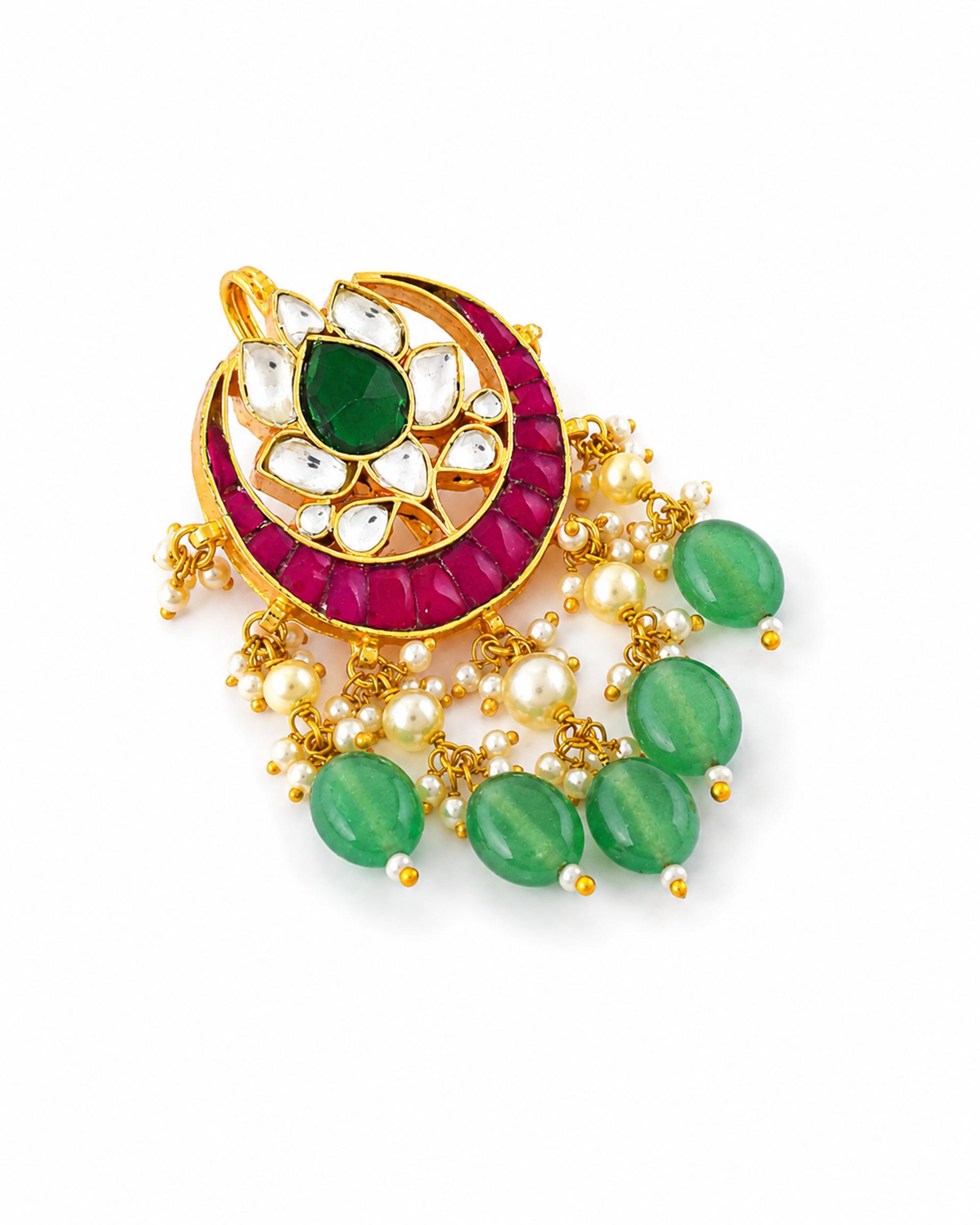 Kundan Hair Brooch | Pink Green Stones, Pearls, Bridal Braid Accessory