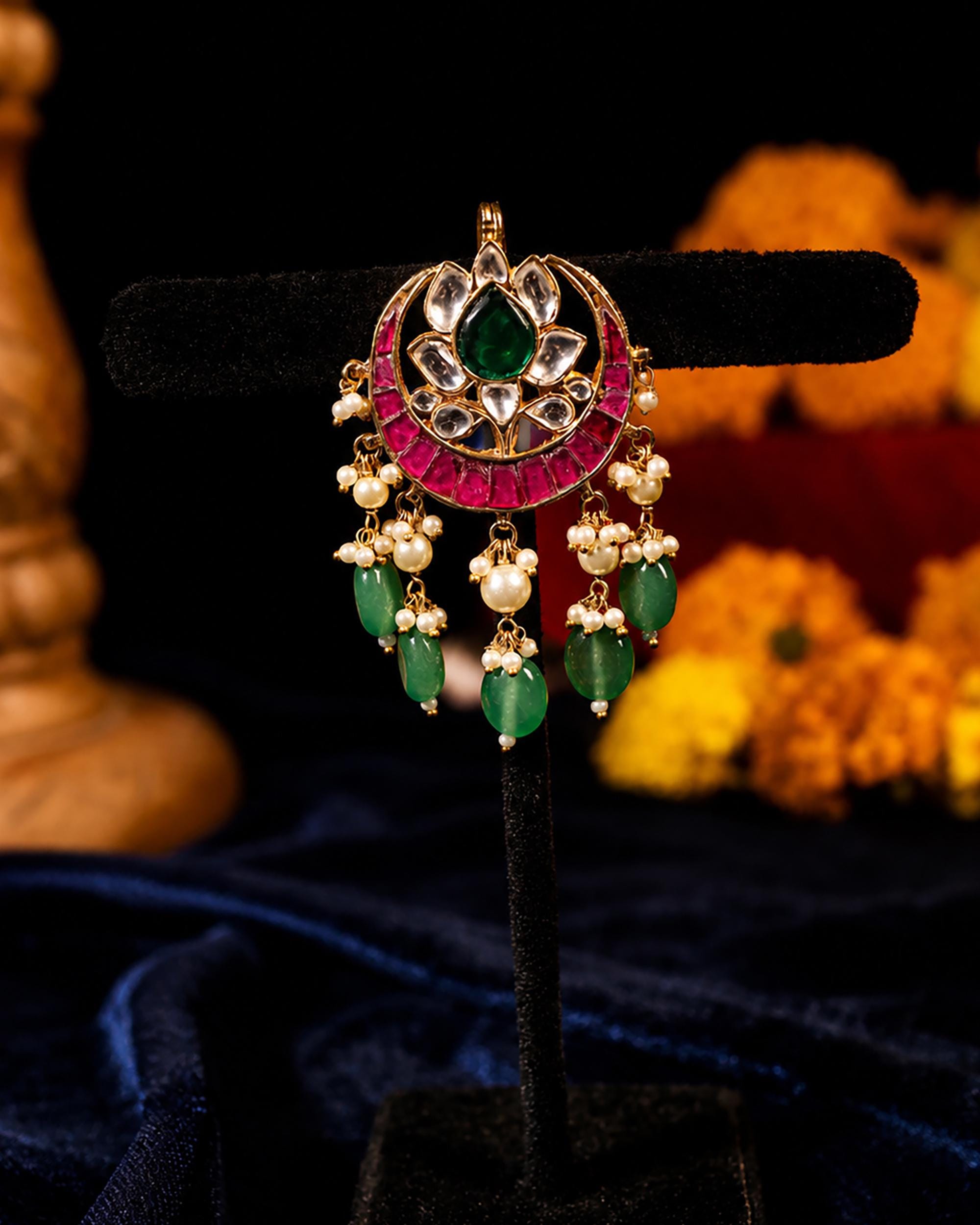Kundan Hair Brooch | Pink Green Stones, Pearls, Bridal Braid Accessory