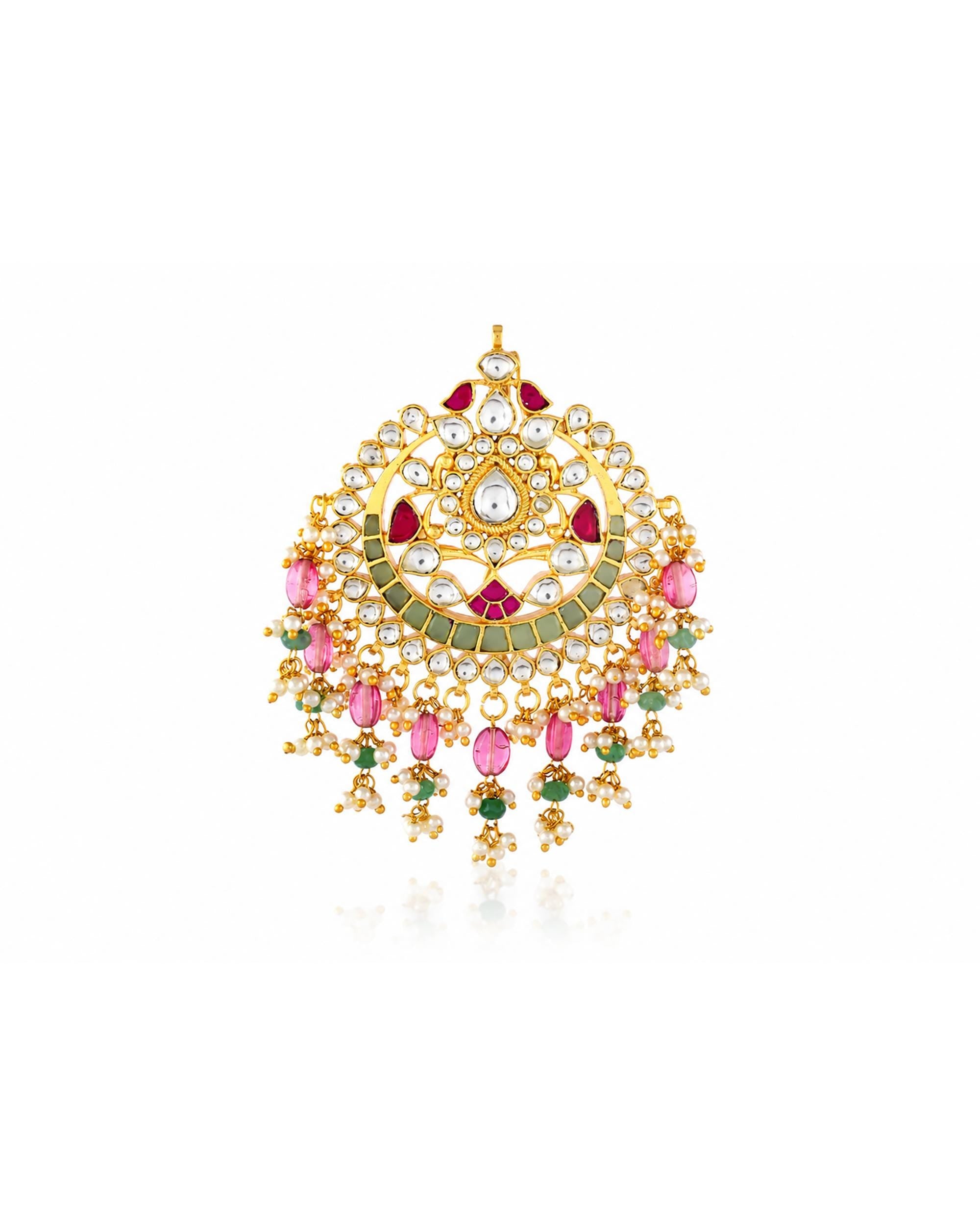 Traditional Kundan Hair Brooch | Red Green Stone Bridal Accessory, Pearl Braid Ornament