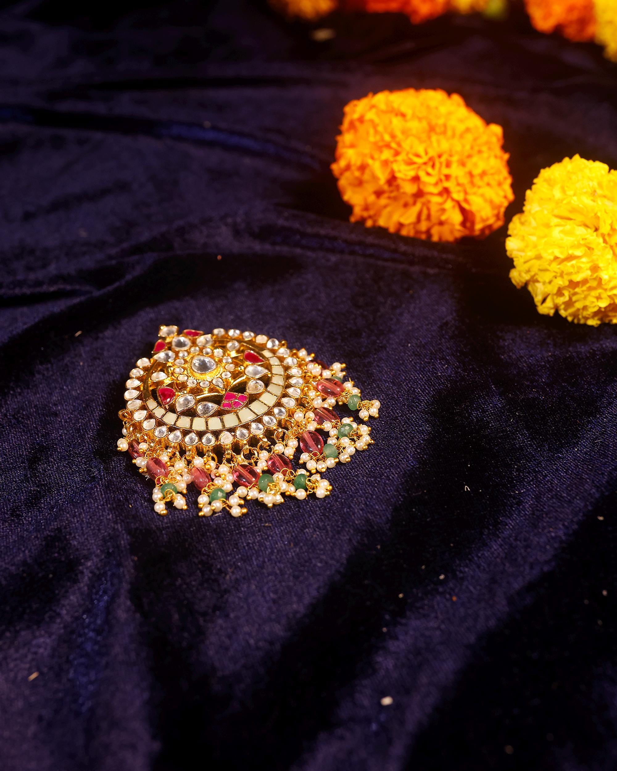 Traditional Kundan Hair Brooch | Red Green Stone Bridal Accessory, Pearl Braid Ornament