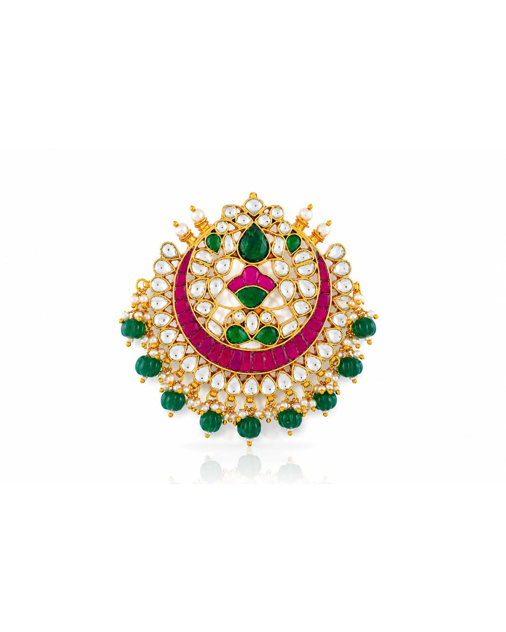 Kundan Hair Brooch | Pink Green Stone Bridal Accessory, Pearl Braid Ornament