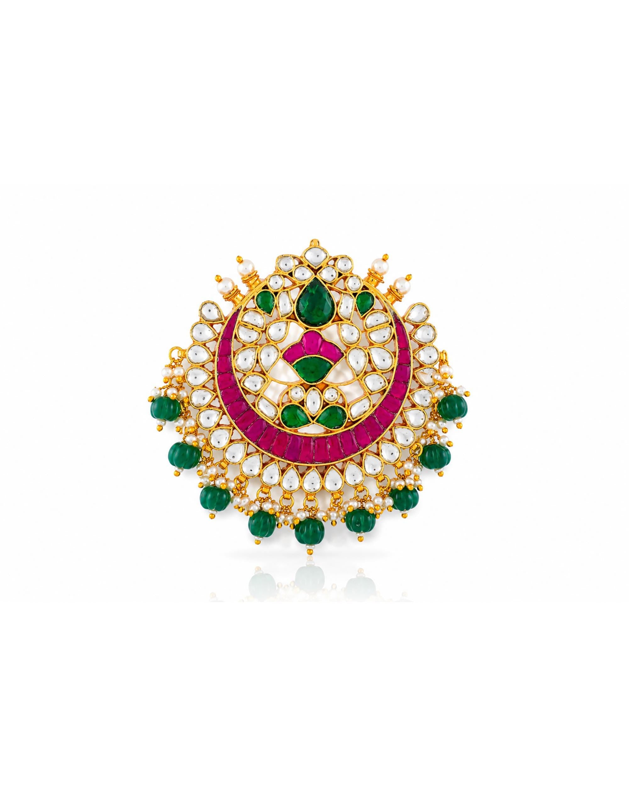 Kundan Hair Brooch | Pink Green Stone Bridal Accessory, Pearl Braid Ornament
